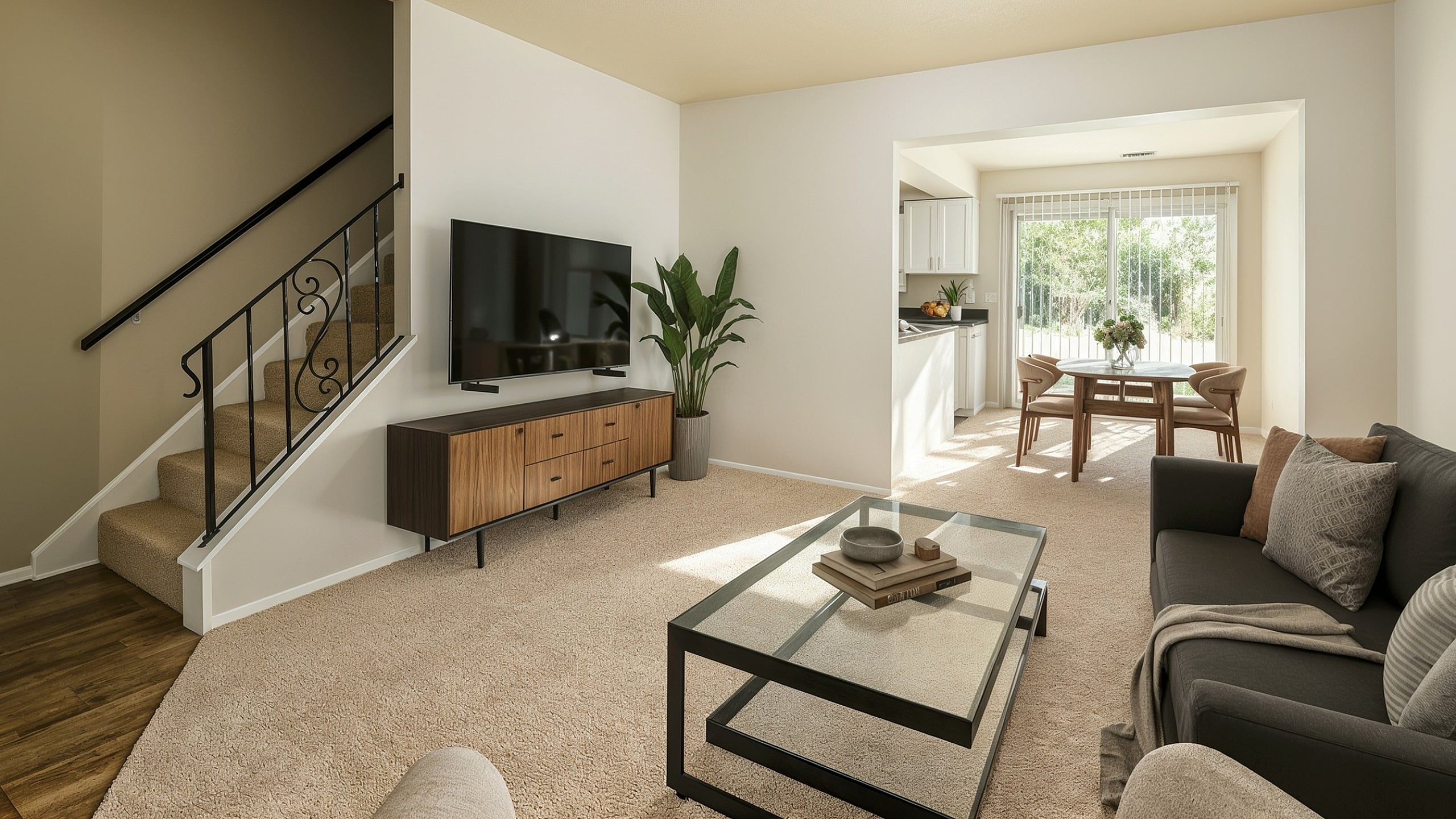 Inviting living room with modern decor, featuring a cozy sofa, sleek coffee table, and flat-screen TV, seamlessly flowing into a bright dining area with garden views.