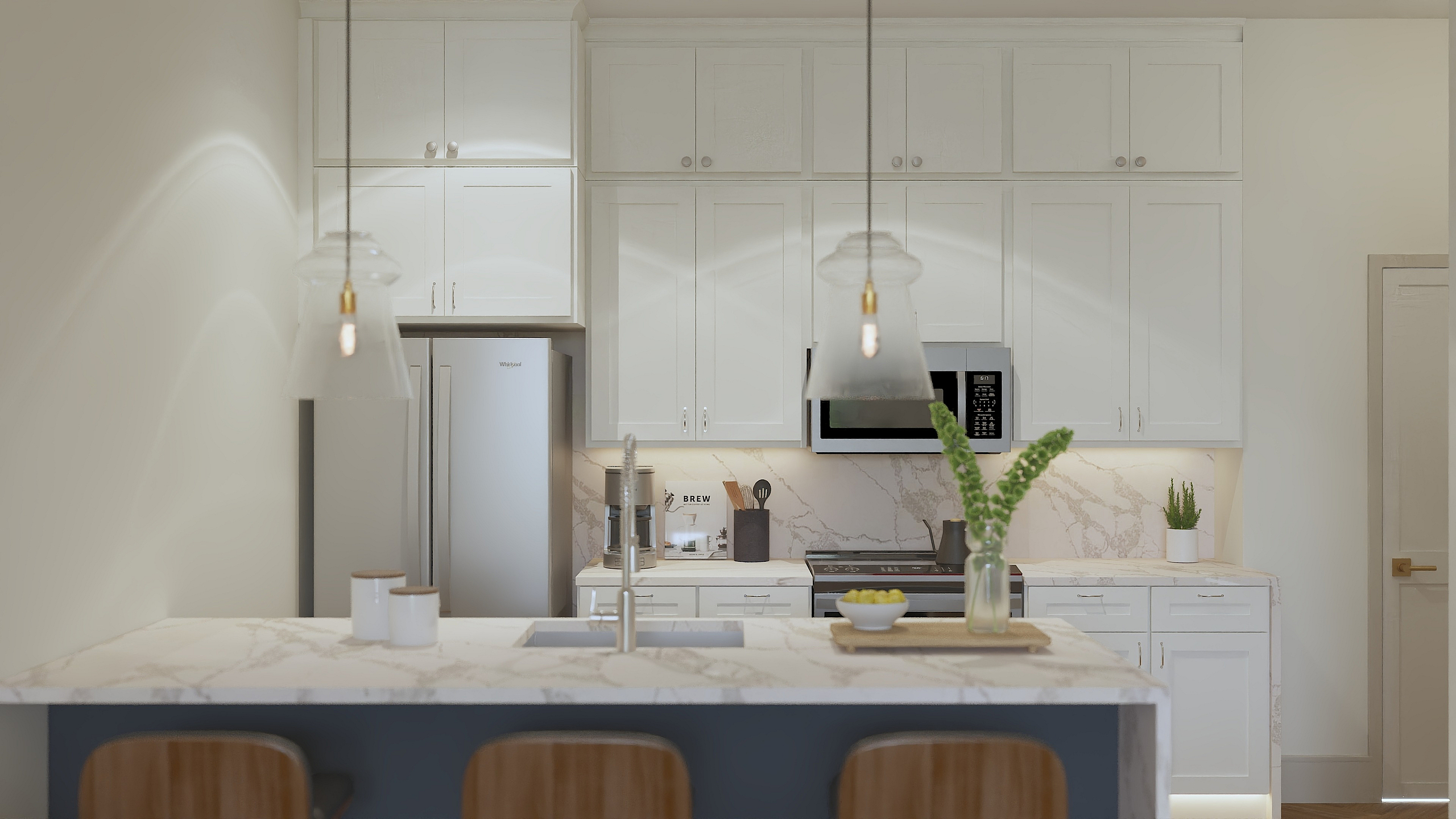 Elegant modern kitchen with white cabinets, marble countertops, and stylish pendant lighting creating a bright and welcoming atmosphere.