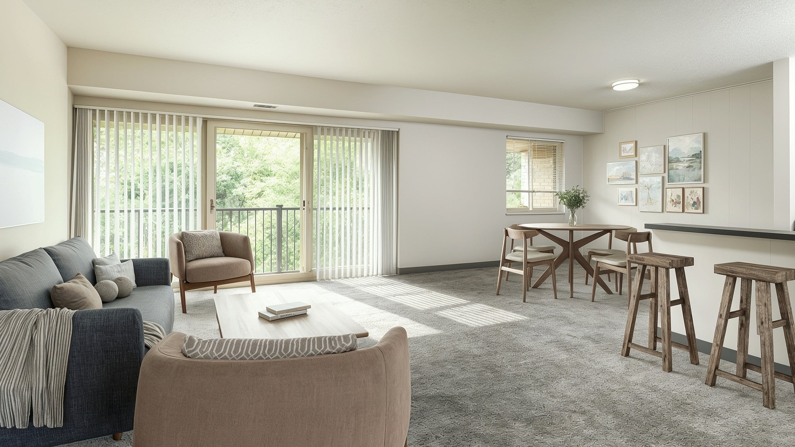 Modern living room with cozy seating, natural light streaming through large windows, and a stylish dining area, perfect for relaxing in a serene setting.