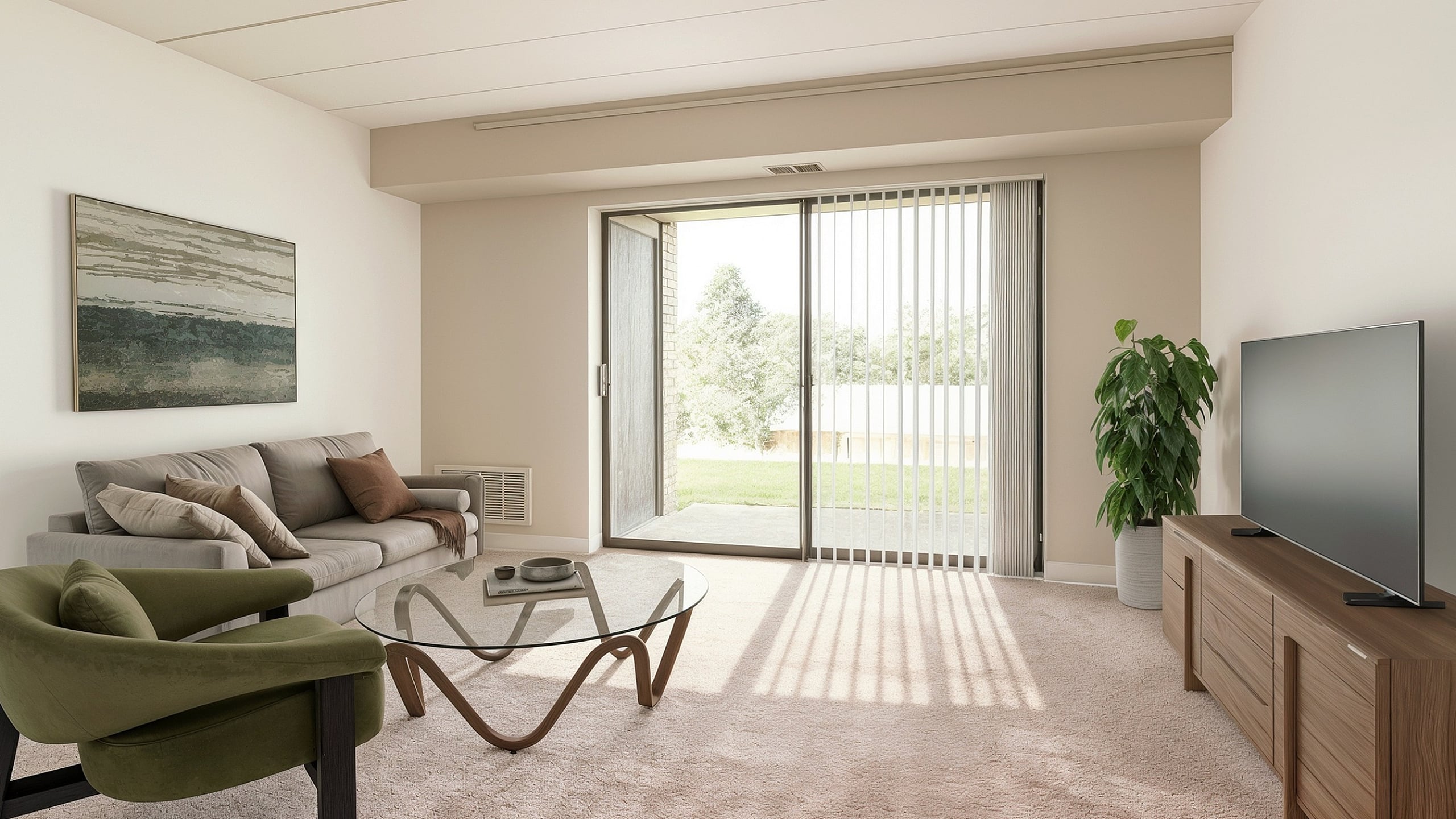 Inviting living room with plush beige carpet, stylish gray sofa, modern green accent chair, elegant glass coffee table, and natural light streaming through sliding glass doors.