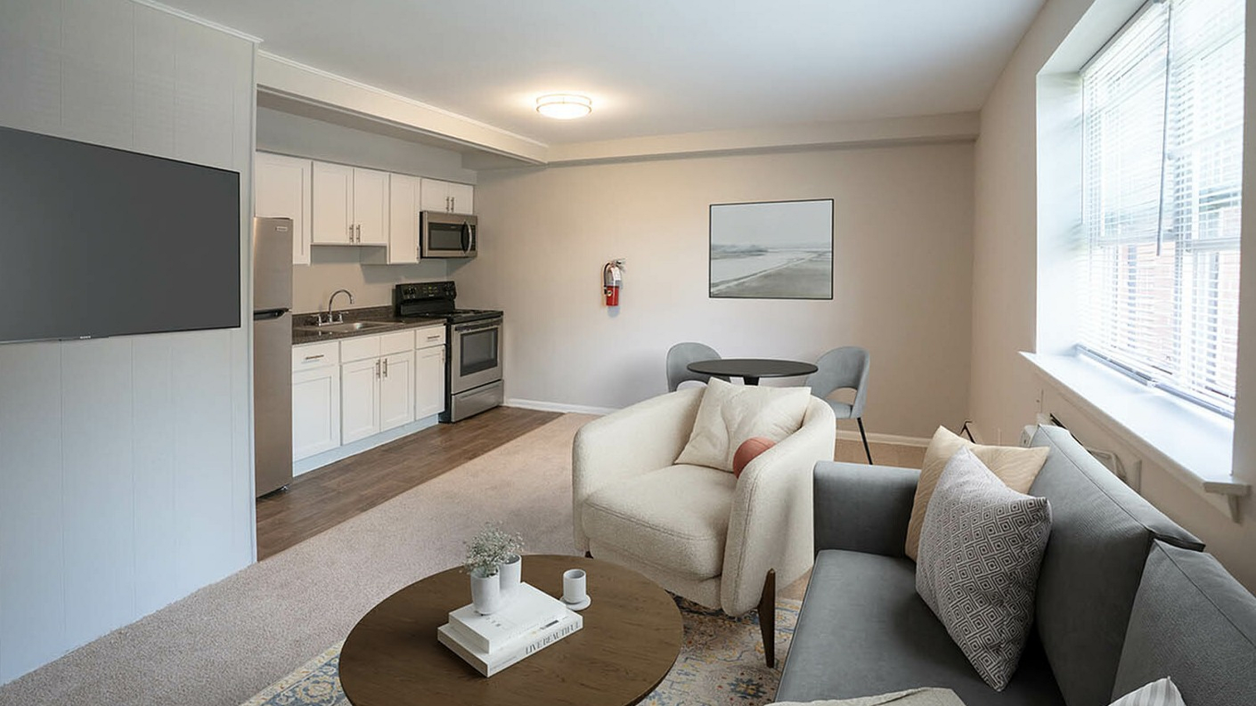 Inviting open-concept living space with a modern kitchenette, cozy lounge area, and ample natural light.