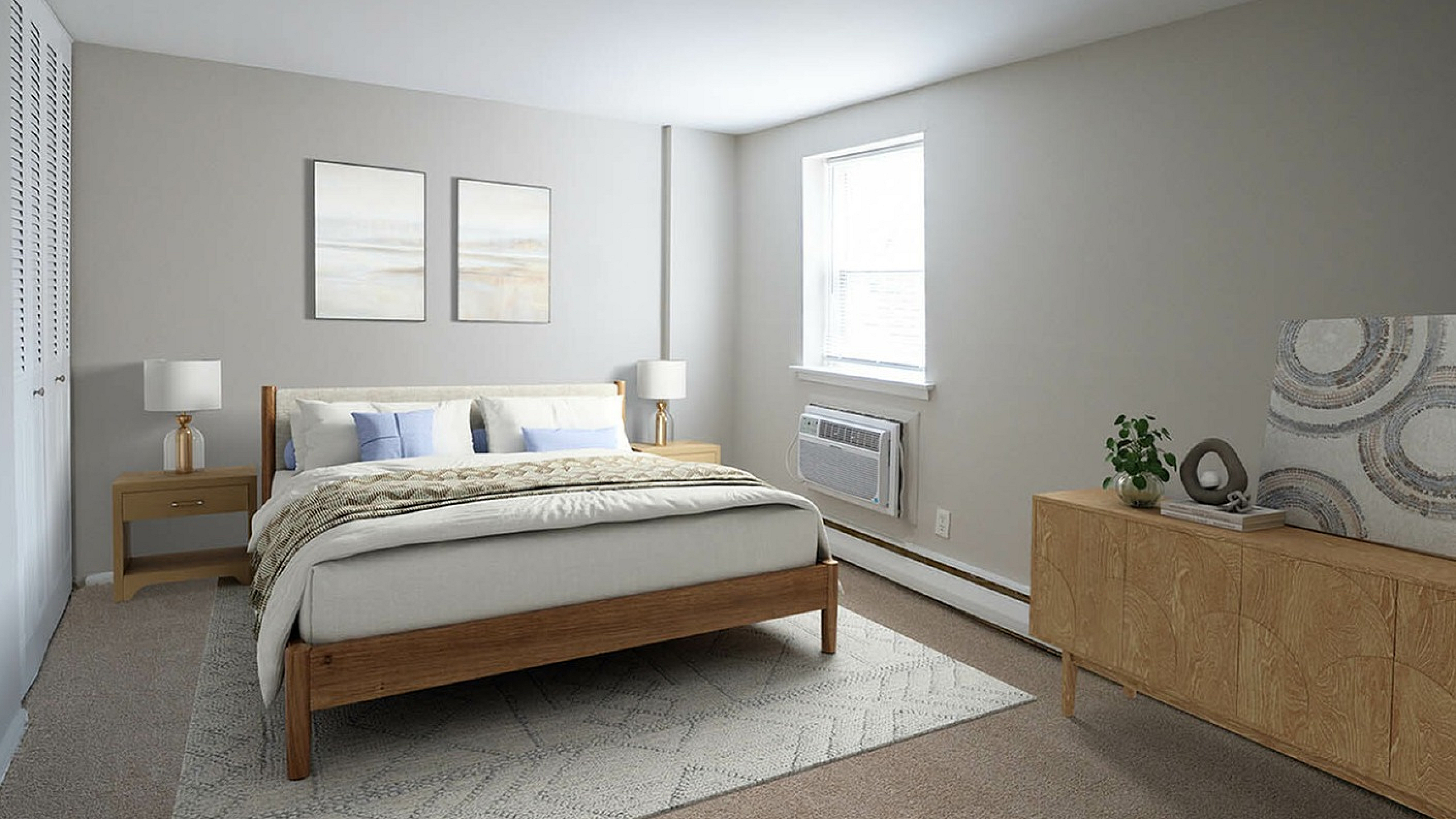 Inviting bedroom with a modern wooden bed, elegant decor, soft carpet, and abundant natural light from a large window.