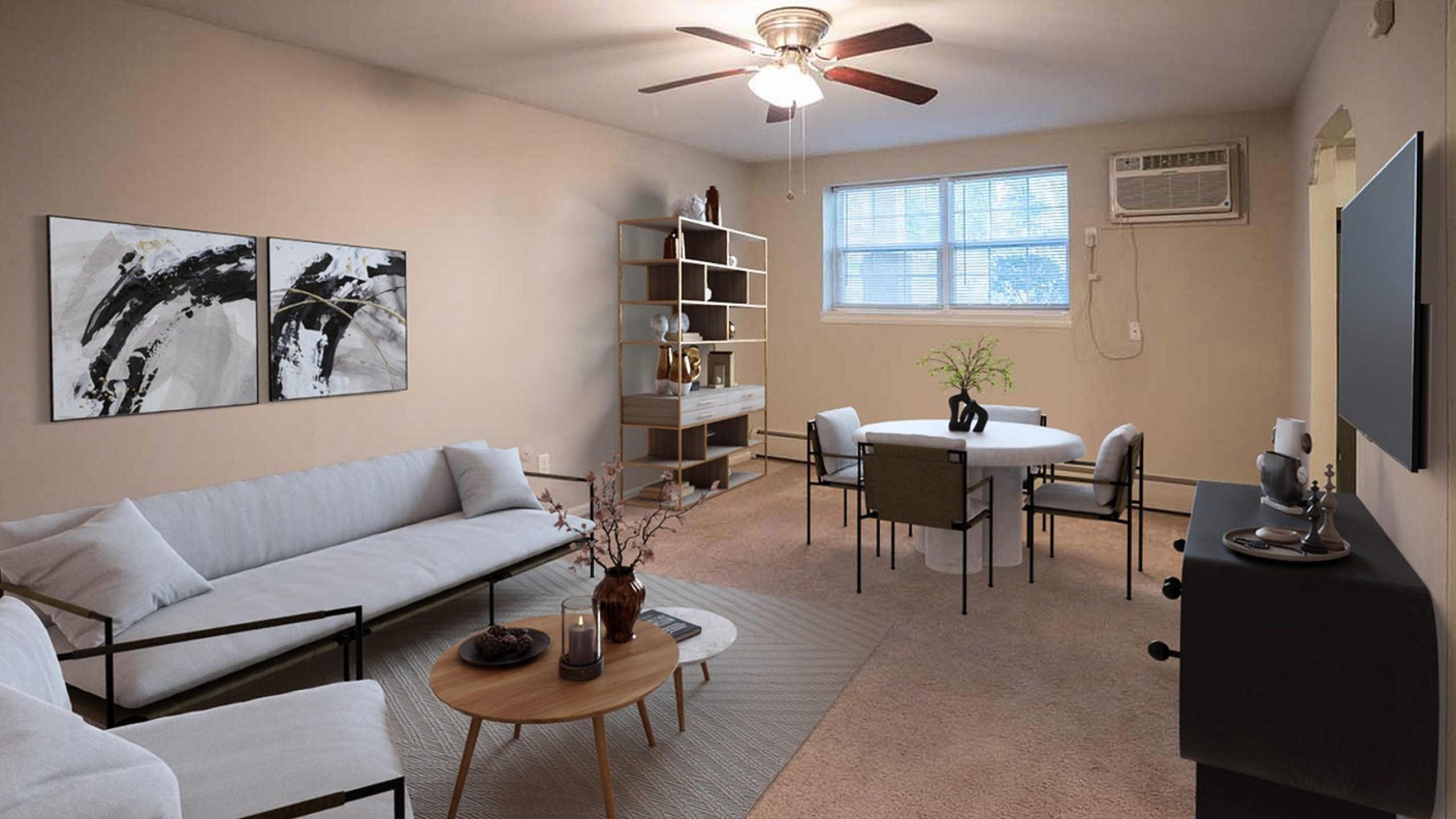 Inviting living room with modern decor, featuring a cozy sofa, elegant wall art, and a stylish dining area under soft, ambient lighting.