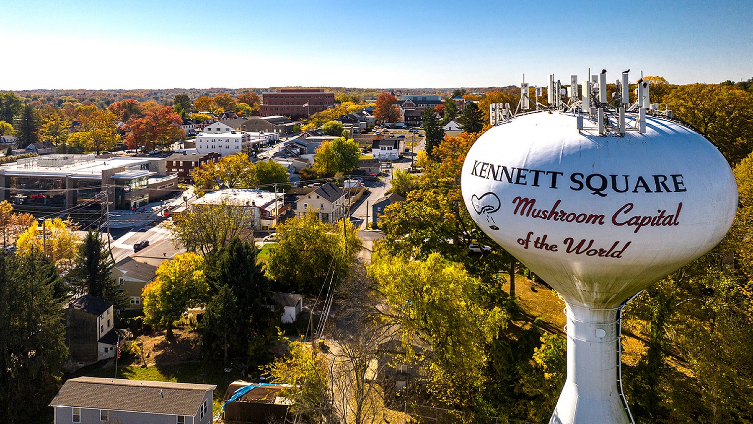 Charming aerial view of Kennett Square, showcasing its vibrant autumn landscape and iconic water tower proclaiming it the 'Mushroom Capital of the World.'