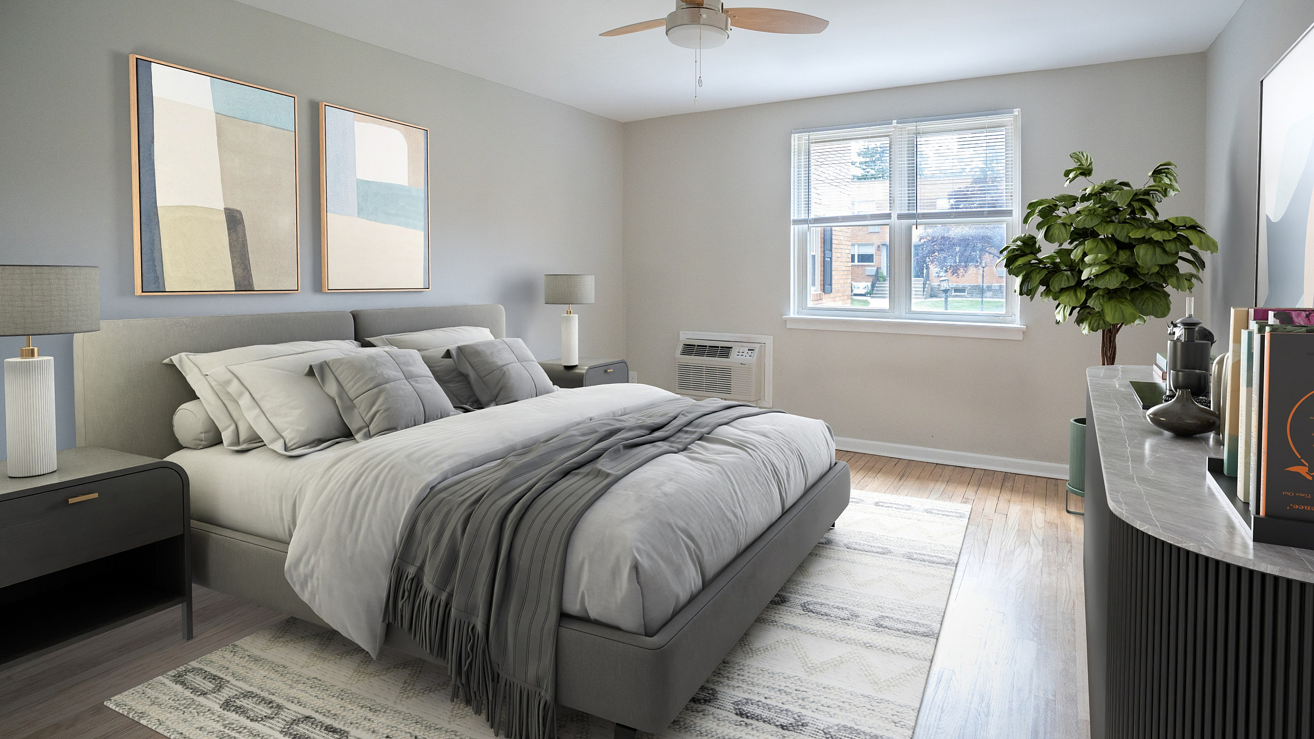 Elegant bedroom with modern decor, featuring a plush bed, abstract artwork, and large window overlooking a peaceful view.