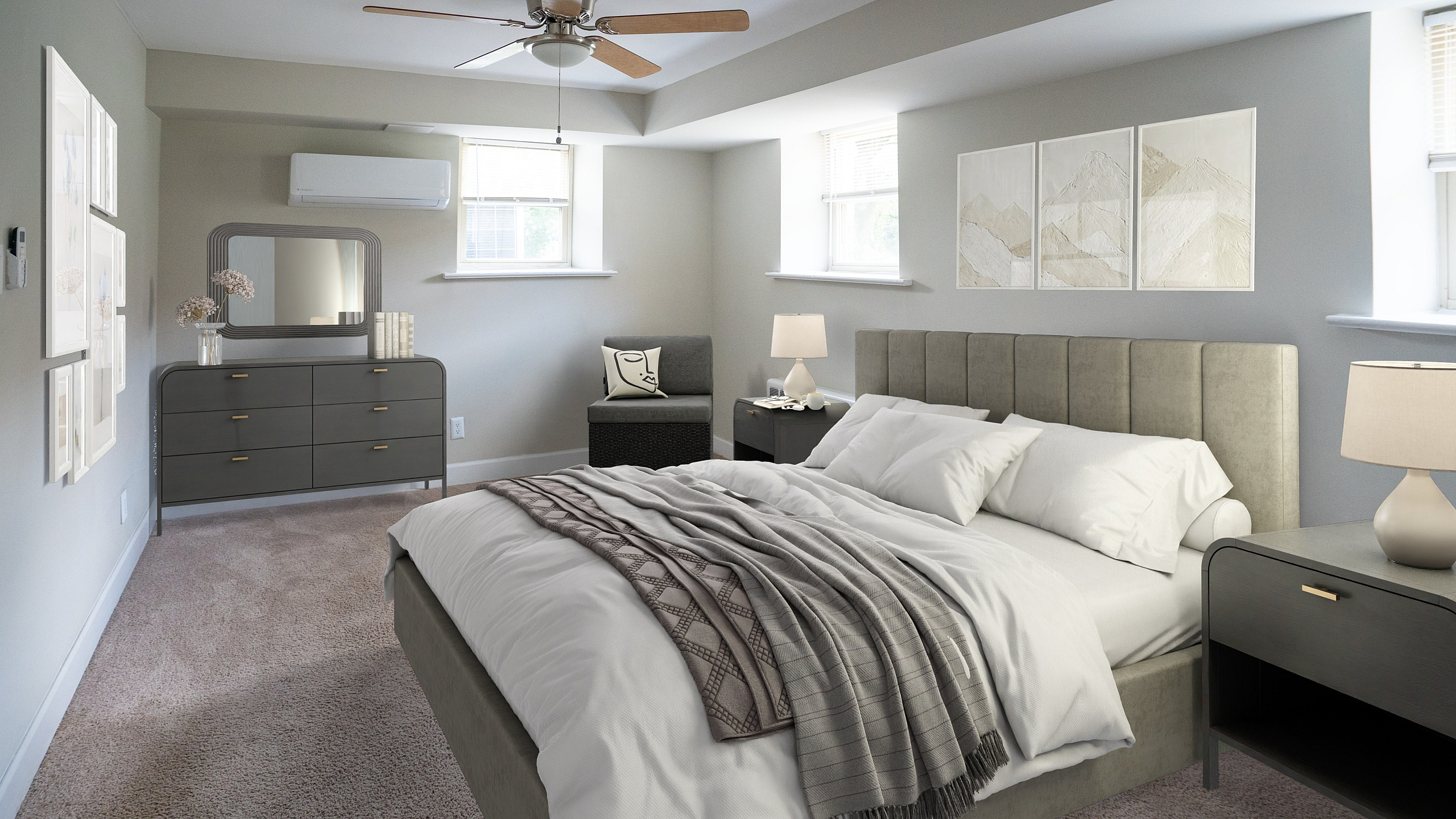 Elegant bedroom with plush carpet, stylish dresser, and cozy lighting, accented by soft gray tones and chic decor.