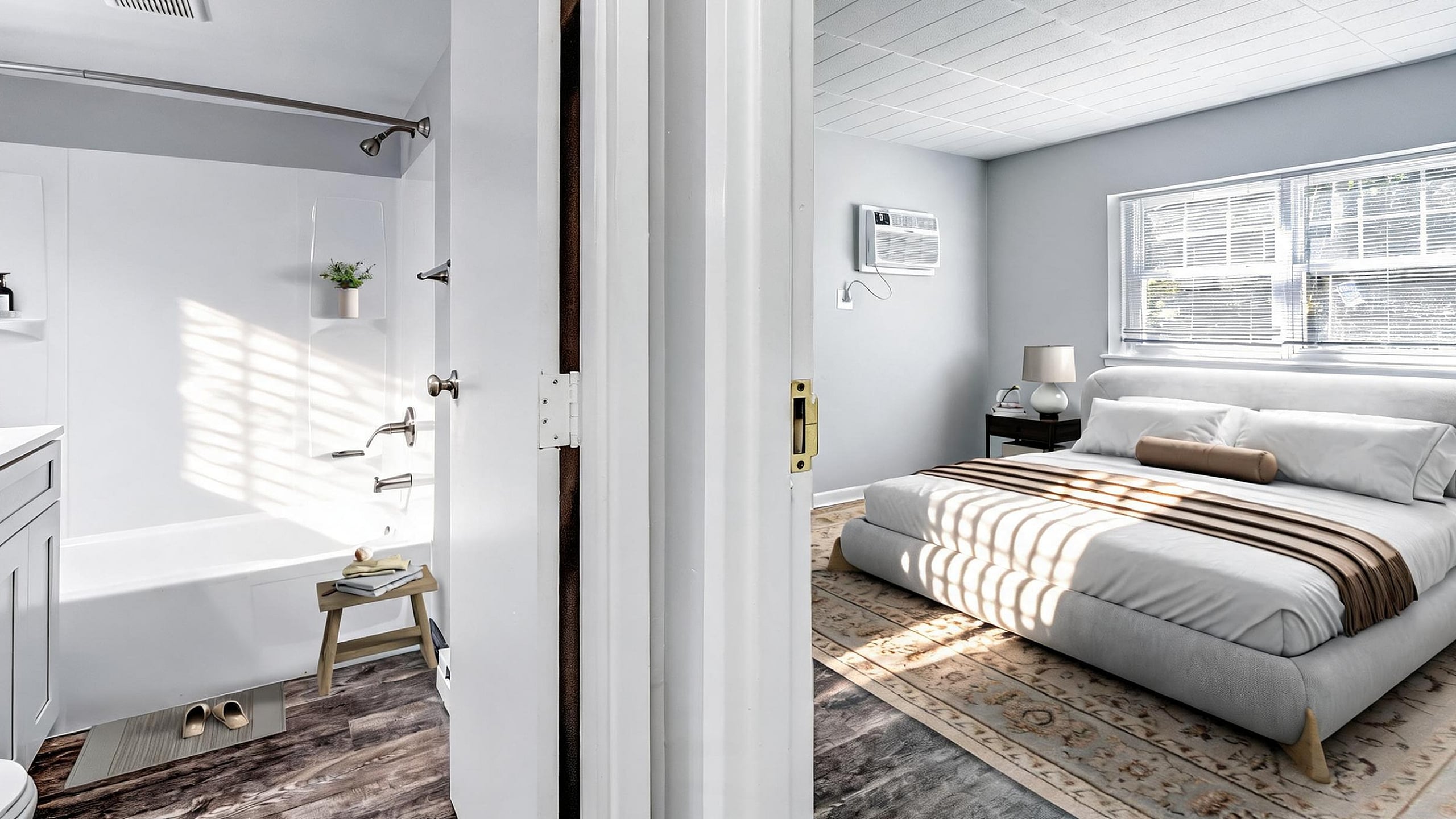 Bright modern apartment featuring a cozy bedroom with large windows and a stylish bathroom with chic fixtures.