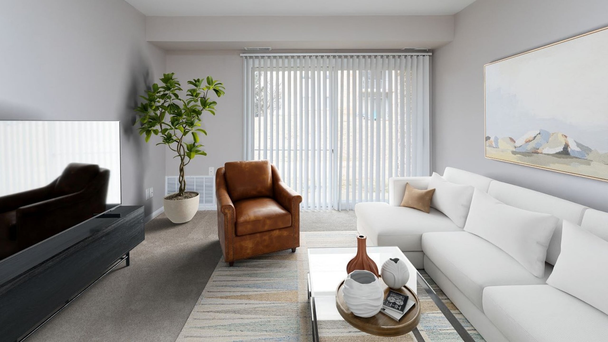 Bright and inviting living room with a cozy white sectional sofa, elegant brown armchair, and modern glass coffee table adorned with decorative vases. Floor-to-ceiling windows with vertical blinds provide ample natural light, highlighting t