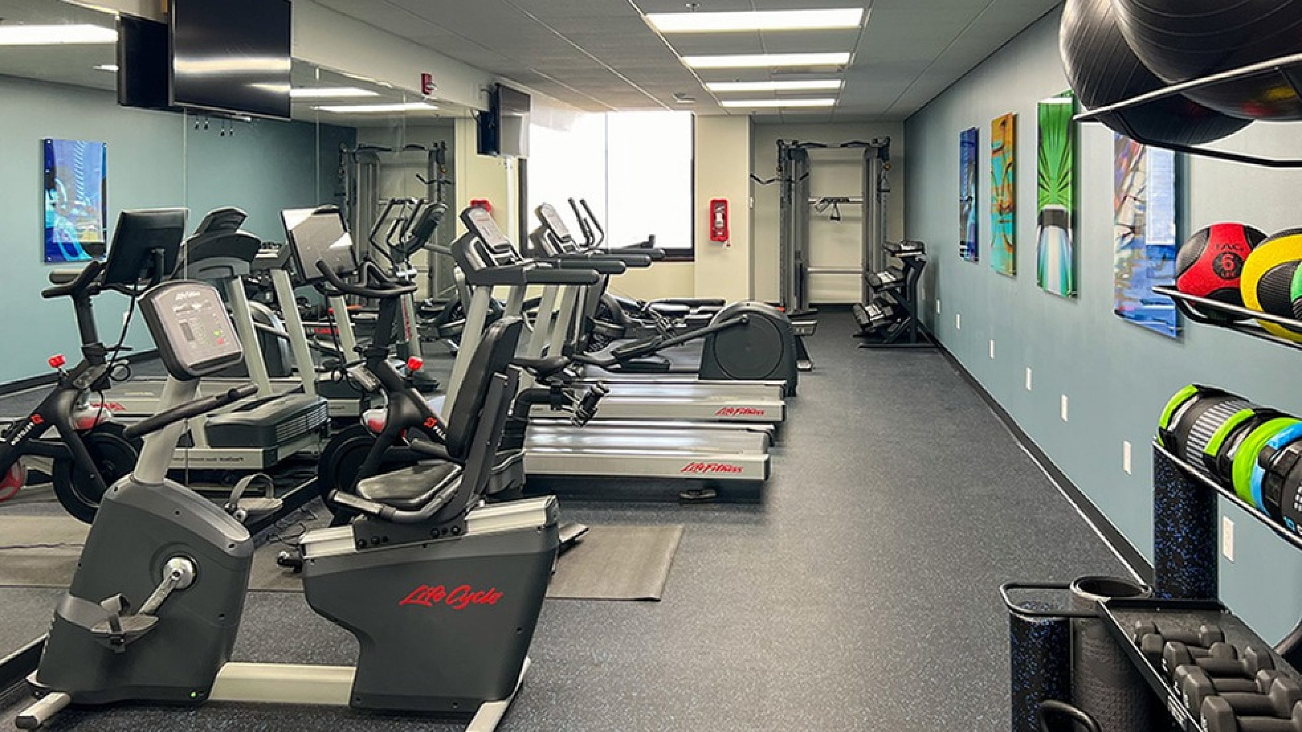 Modern fitness center with state-of-the-art exercise bikes, treadmills, vibrant wall art, and a full rack of colorful workout gear.
