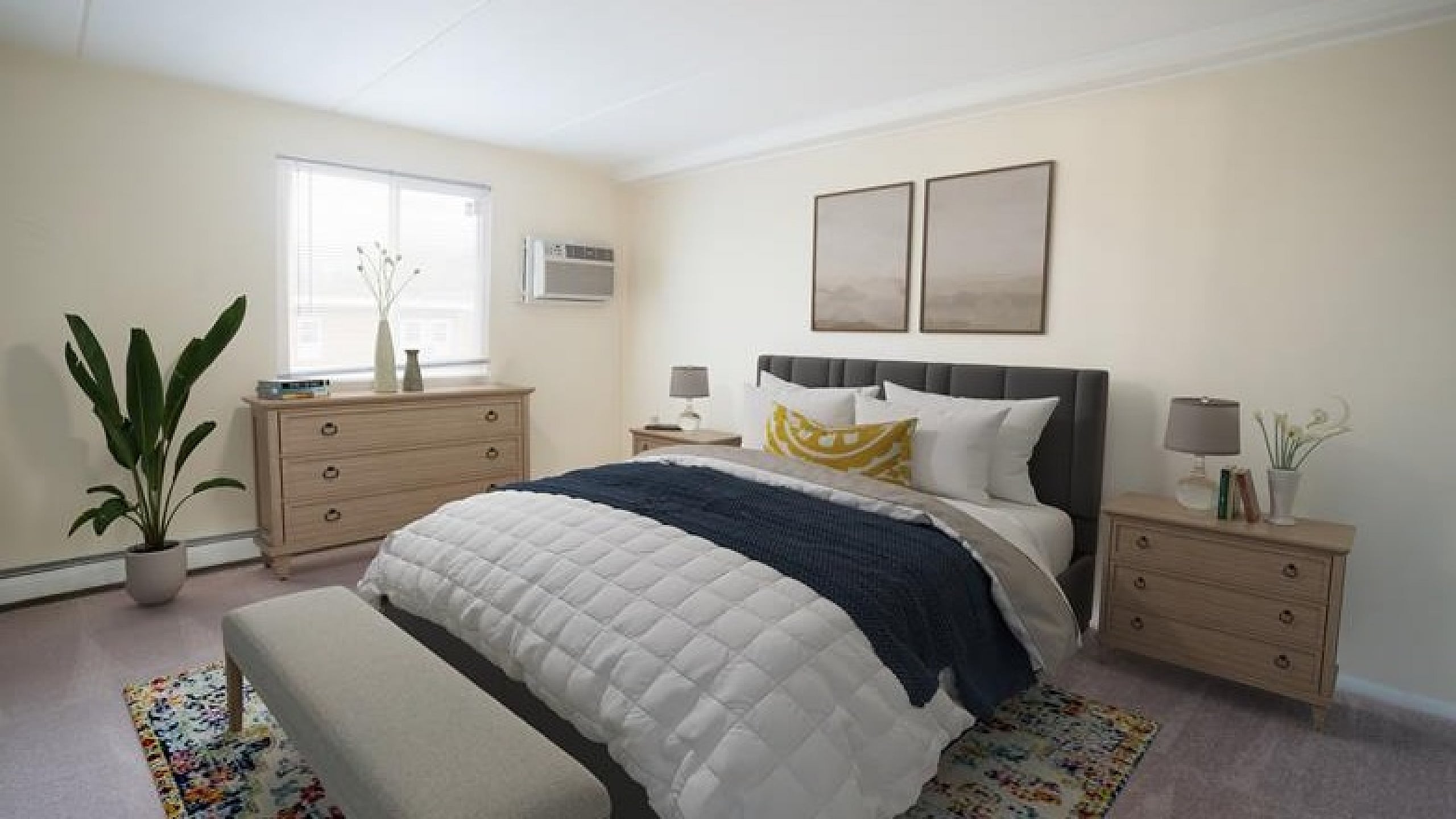 Elegant bedroom with cozy atmosphere, featuring a plush bed, stylish gray headboard, and vibrant artwork. Bright natural light fills the room, complemented by tasteful decor and a touch of greenery.