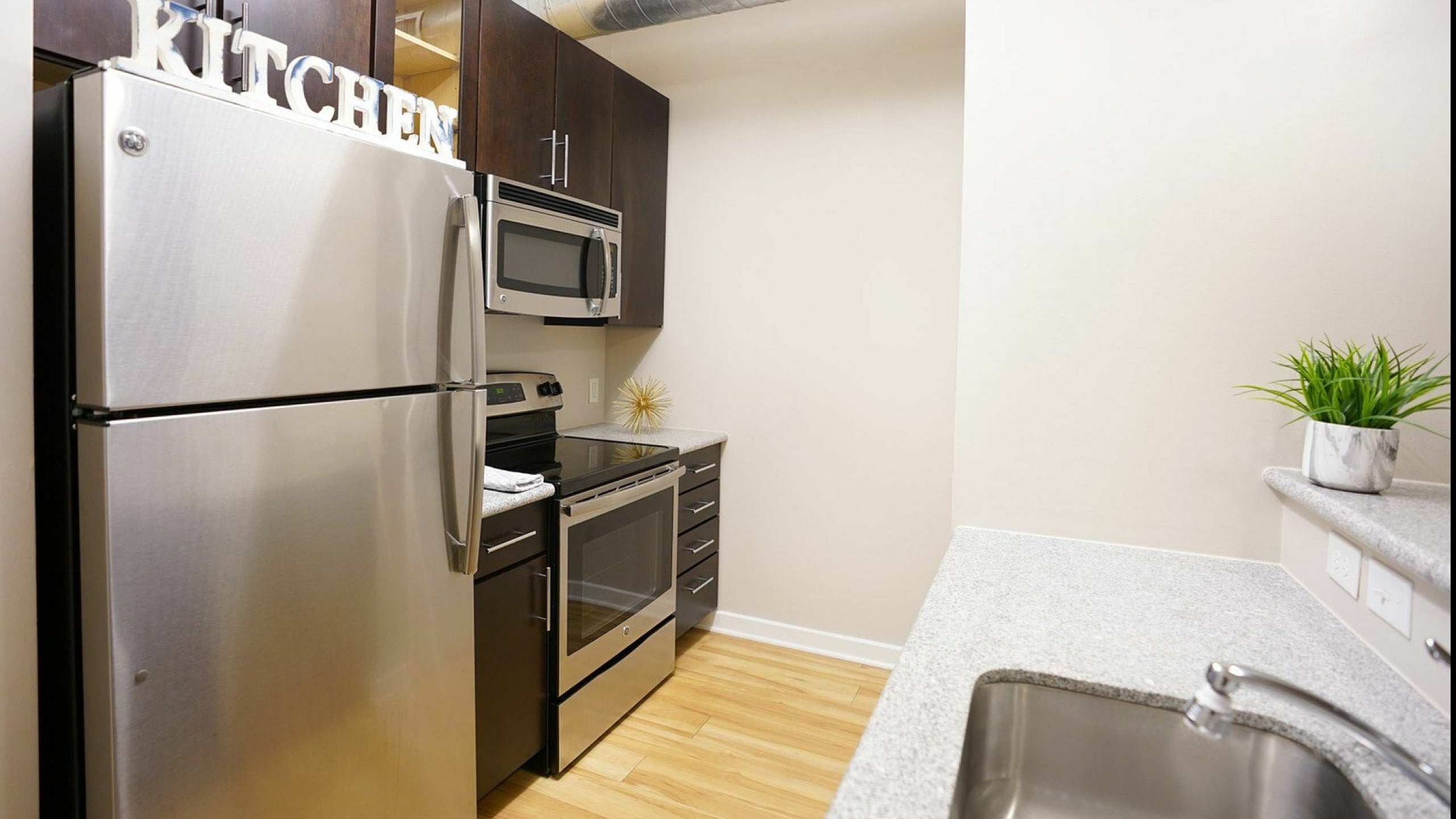 Chic modern kitchen with stainless steel appliances, sleek dark cabinets, and light hardwood flooring.
