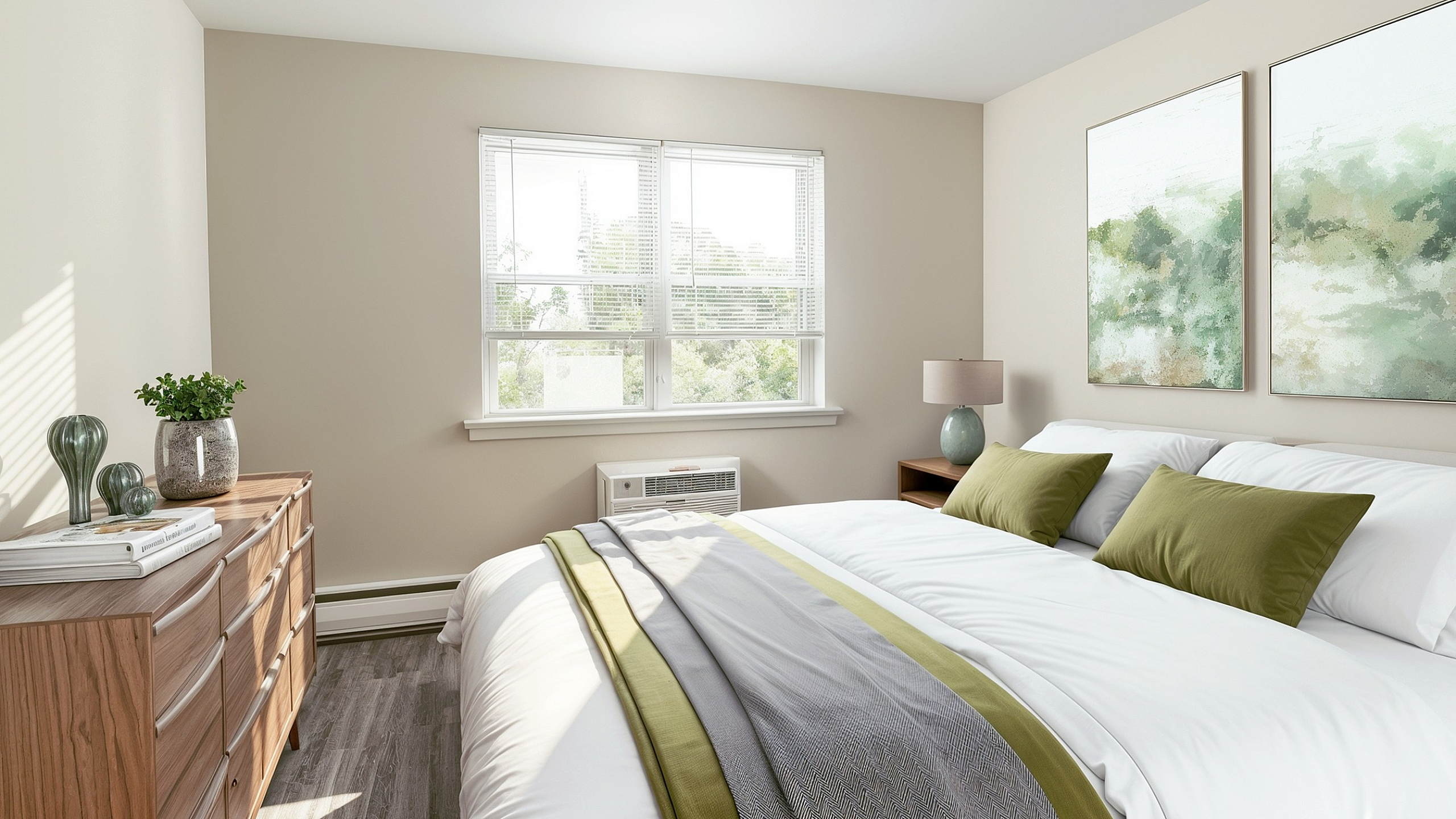 Bright and airy bedroom featuring a plush bed with green accents, elegant wooden dresser, chic decor, and serene wall art.