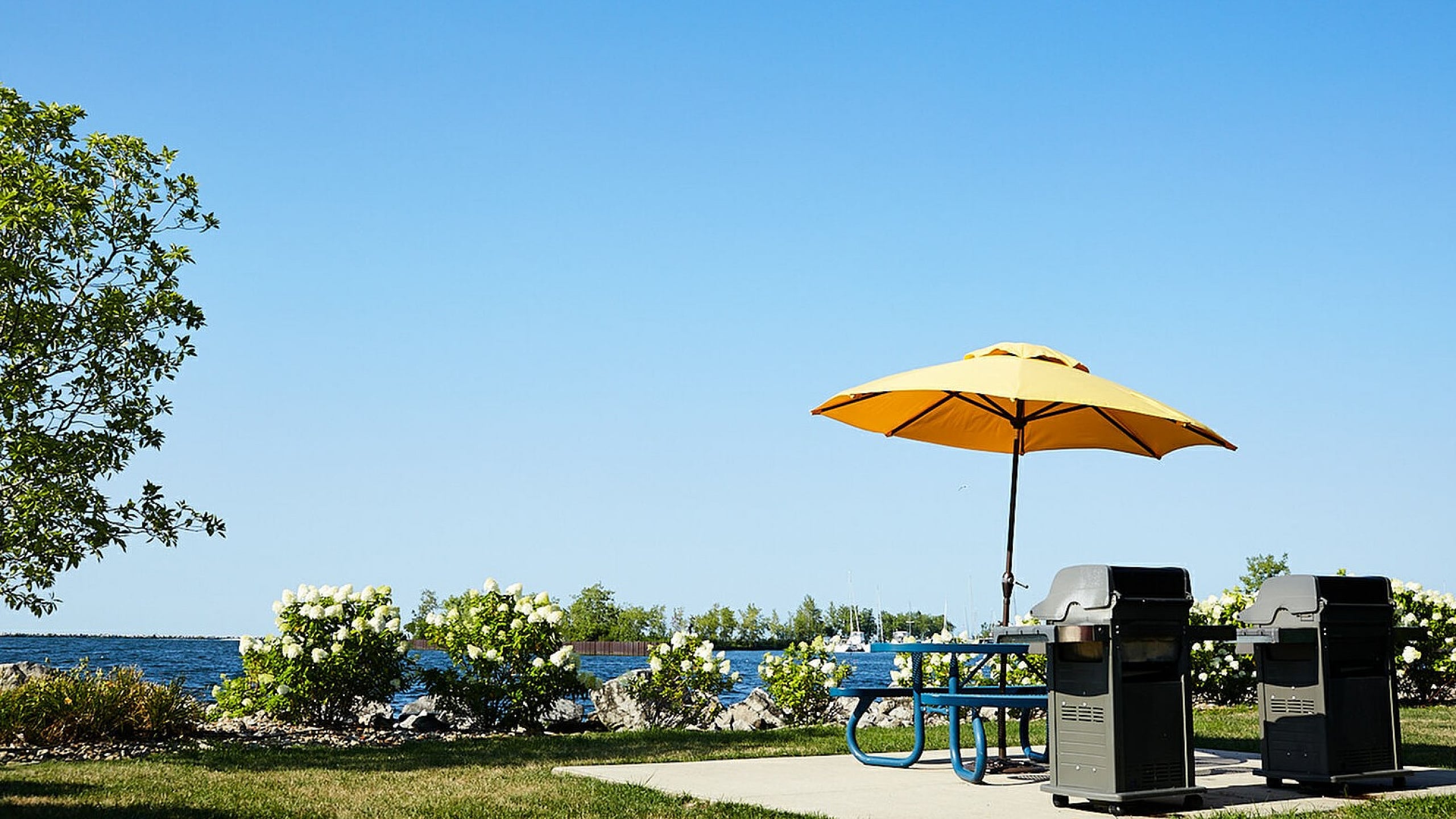 Charming outdoor patio with a vibrant yellow umbrella, BBQ grills, and a scenic waterfront view, perfect for summer gatherings.