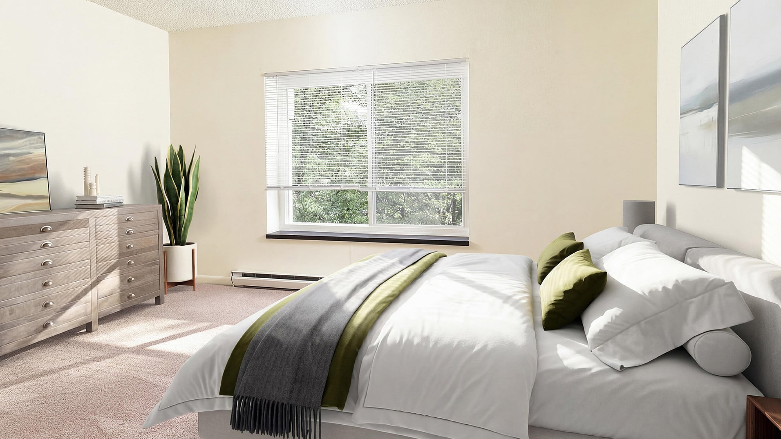 Bright and airy bedroom featuring a cozy bed, stylish decor, large window, and soft carpeting.