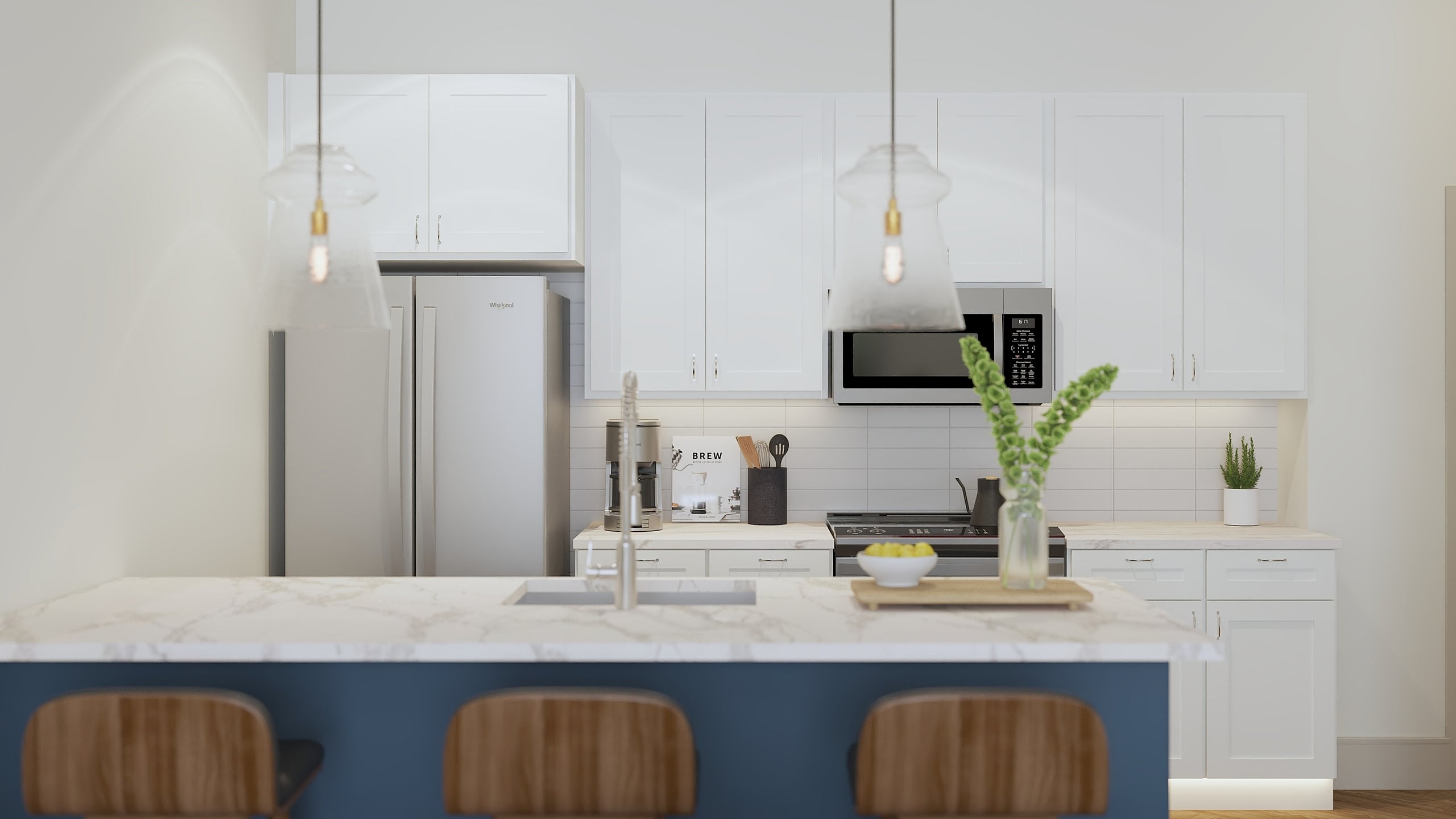 Chic modern kitchen with sleek white cabinets, stainless steel appliances, and inviting breakfast bar with stylish pendant lights.