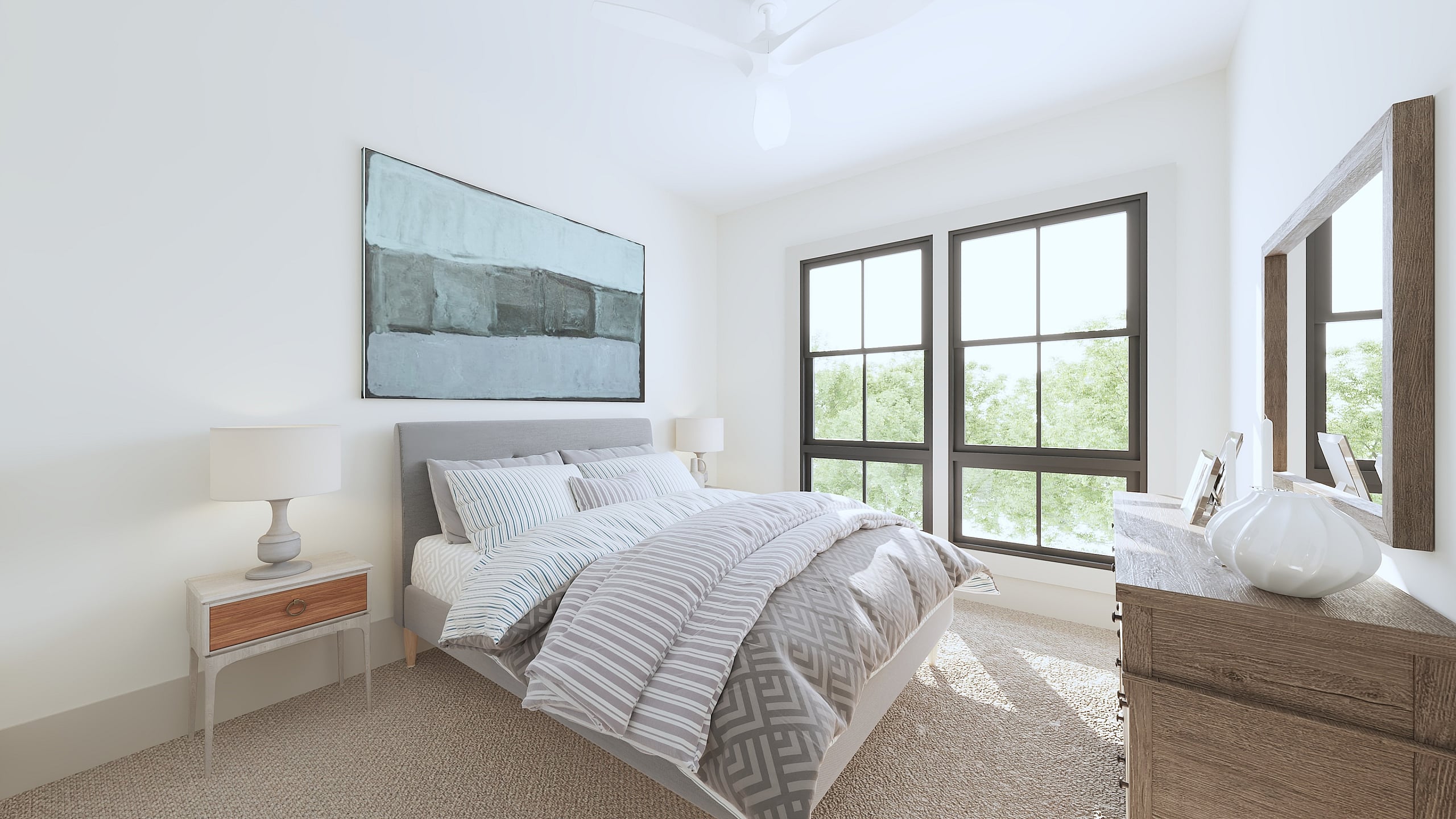 Bright and inviting bedroom with large windows, modern decor, and cozy bedding in a serene setting.