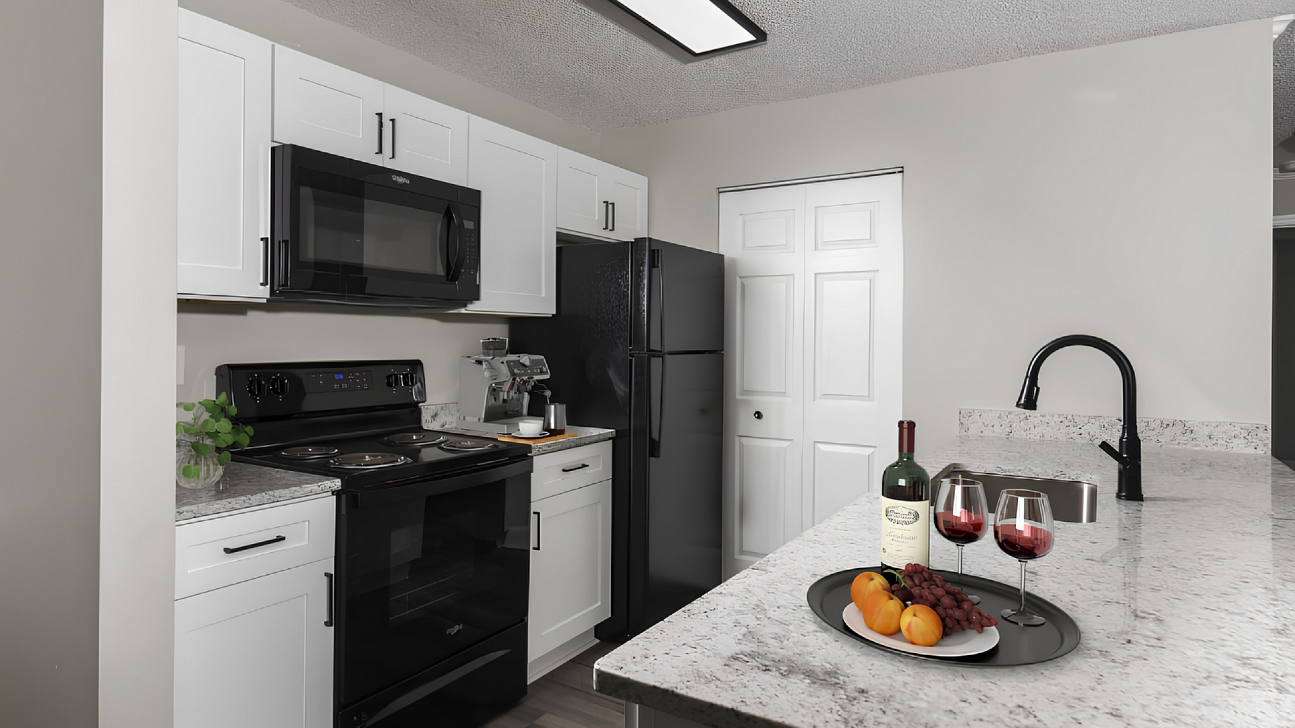 Modern kitchen with sleek black appliances, elegant white cabinetry, and a stylish granite countertop featuring a chic wine and fruit display.