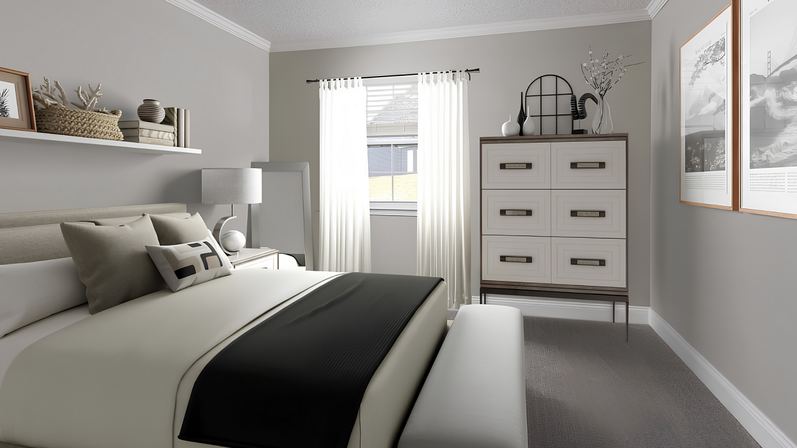 Elegant bedroom with modern decor, featuring a cozy bed, stylish dresser, and abundant natural light through sheer curtains.