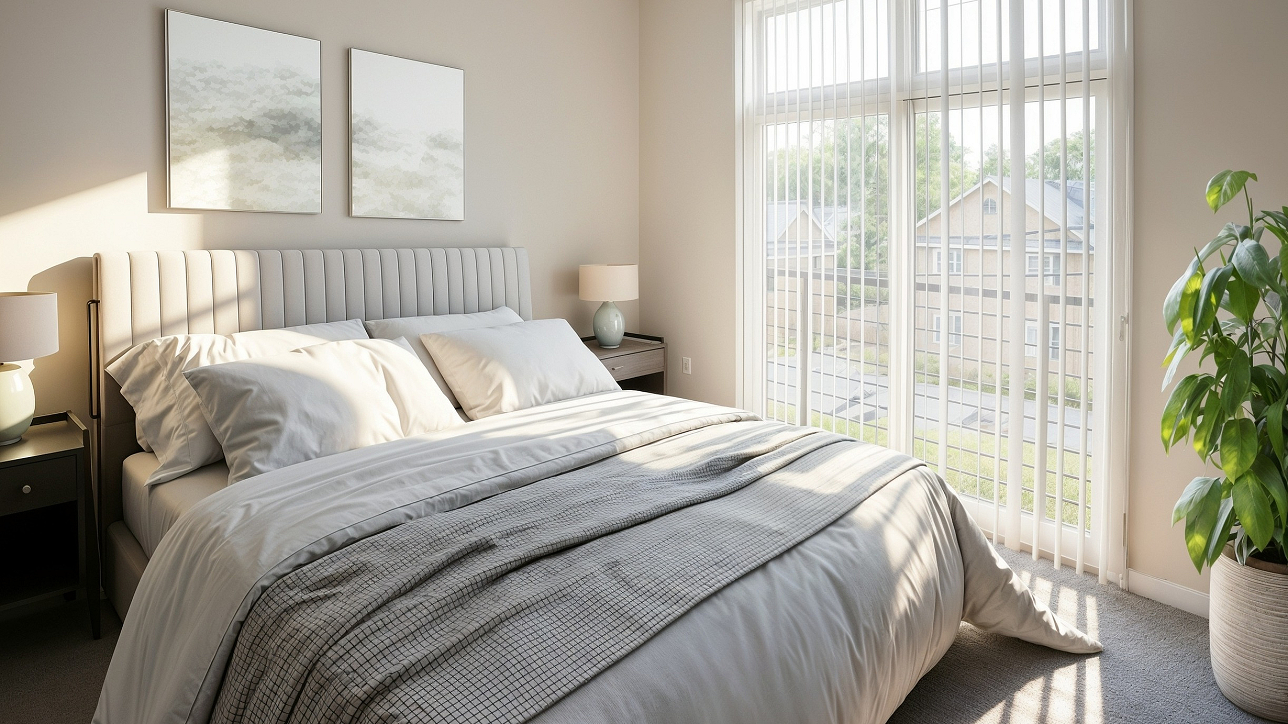 Sunlit bedroom oasis with plush bed, elegant decor, and large windows overlooking serene greenery.