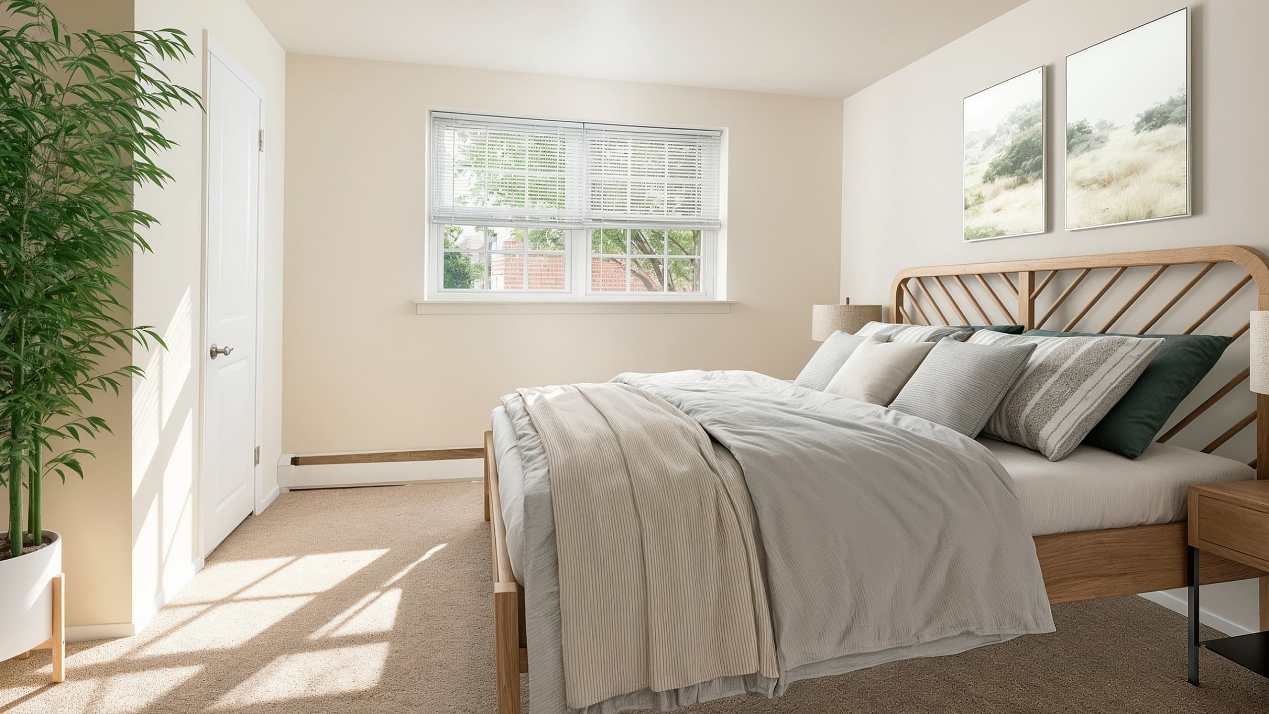 Bright and inviting bedroom with a large window, elegant wooden bed frame, and tasteful decor, perfect for relaxation.