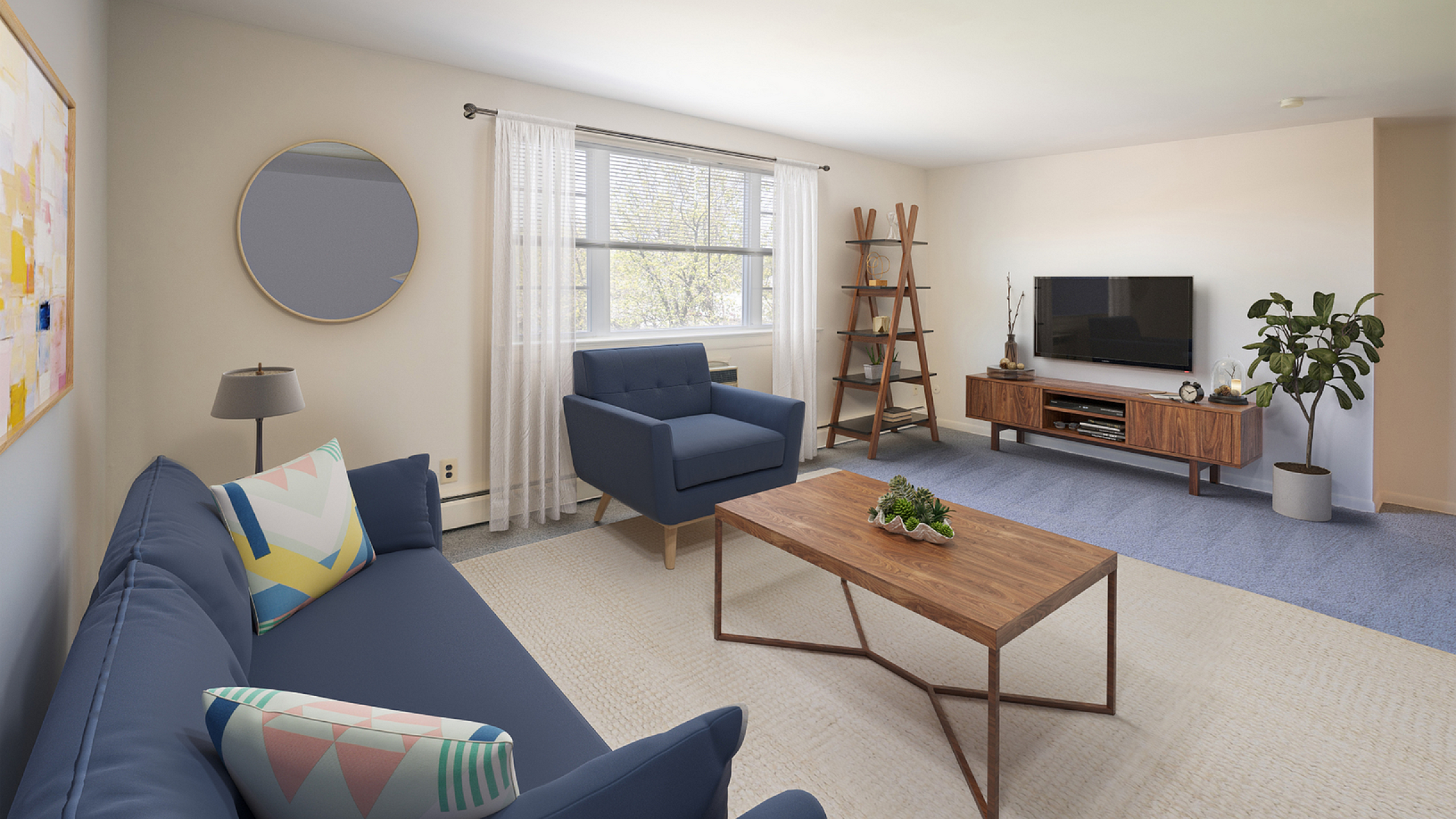 Bright and inviting living room with modern blue couch, stylish accent chair, and elegant wooden furniture, complemented by natural light from a large window.