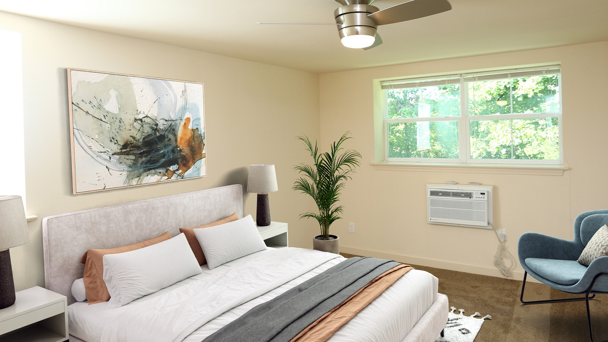 Inviting bedroom with elegant d&eacute;cor featuring a plush bed, abstract artwork, and large window overlooking greenery.