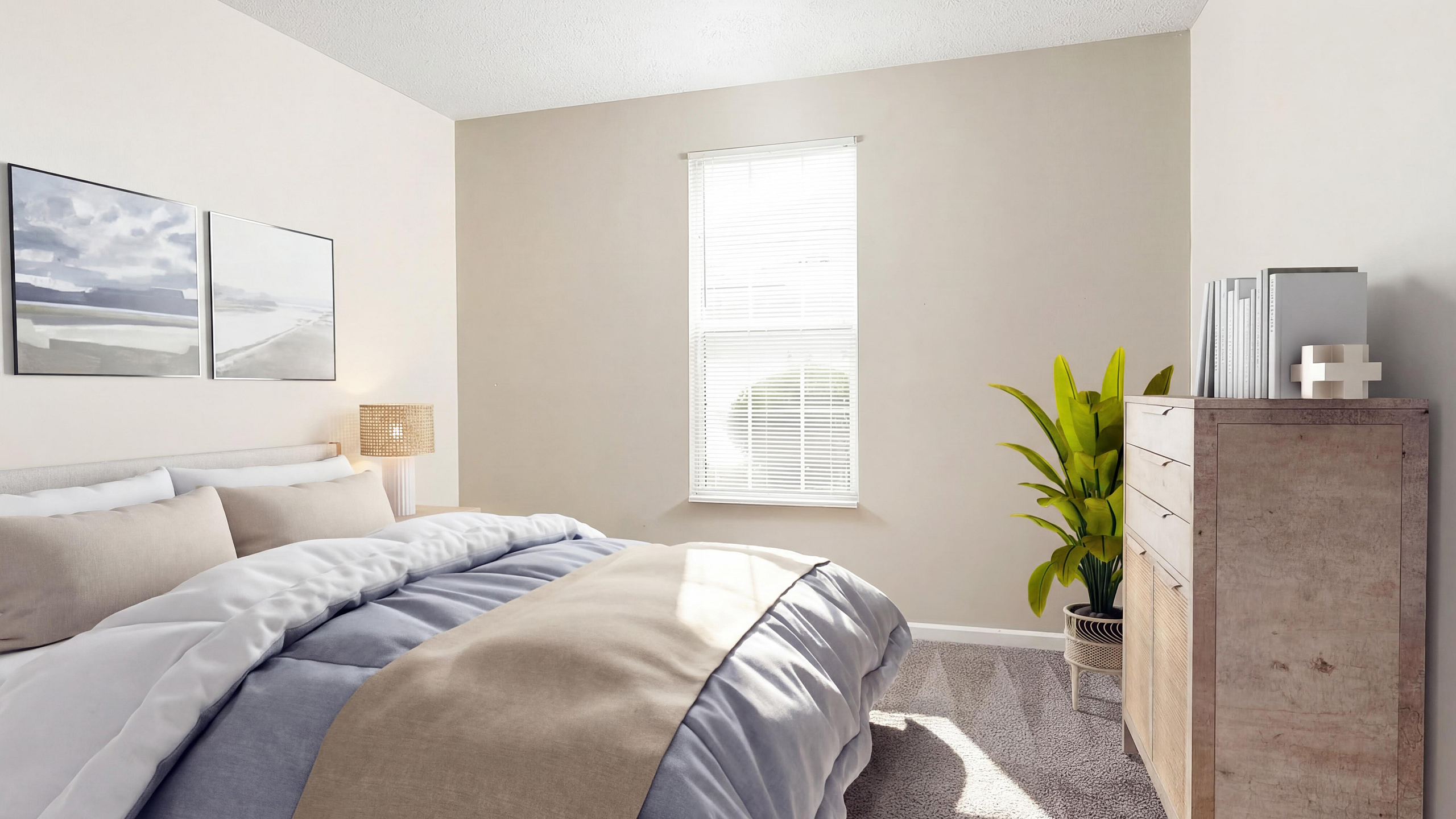 Bright and inviting bedroom with cozy bedding, large window, elegant dresser, and calming artwork.