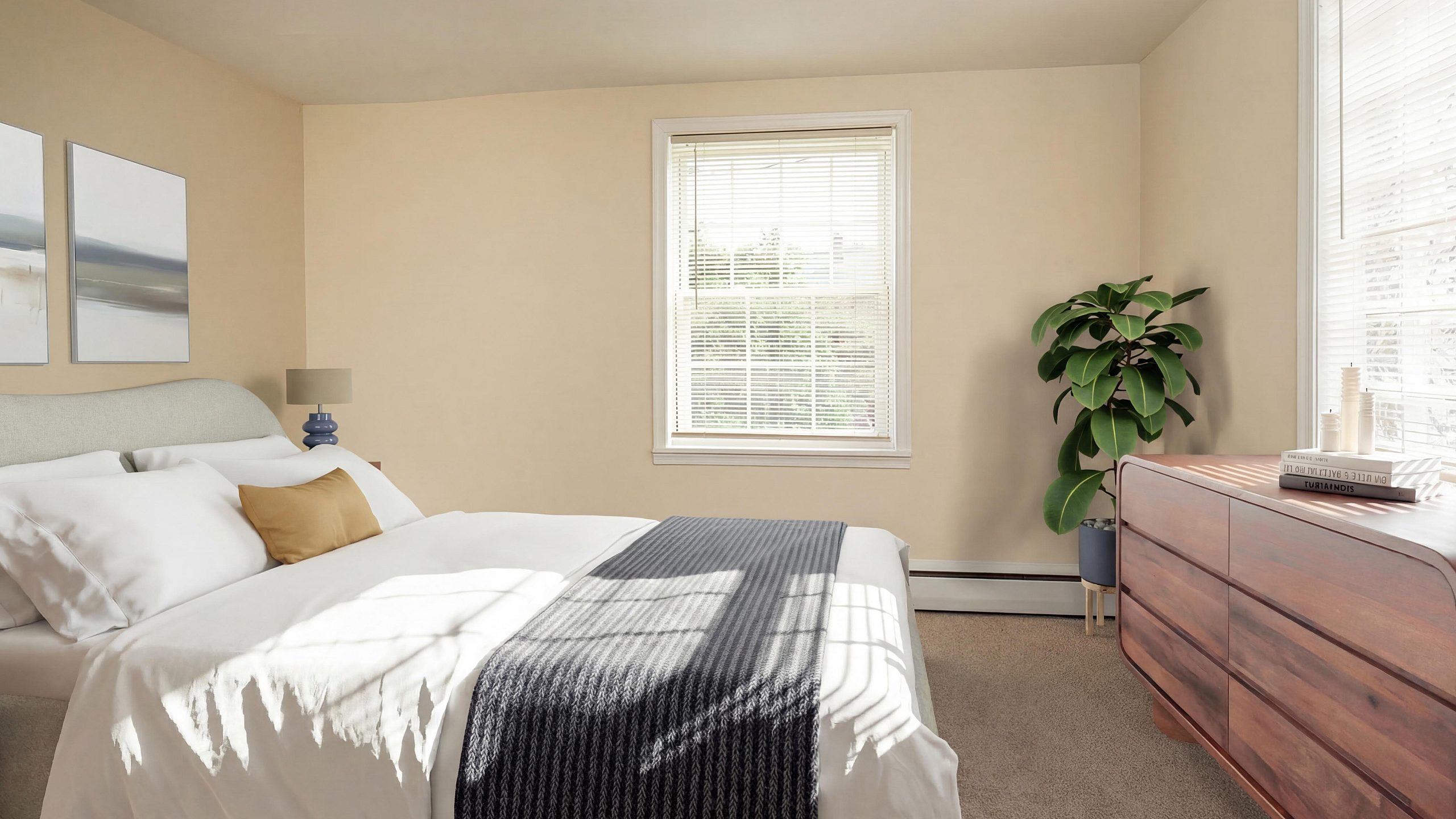 Bright and serene bedroom with a cozy bed, elegant wooden dresser, and lush green plant, bathed in natural sunlight through a large window.