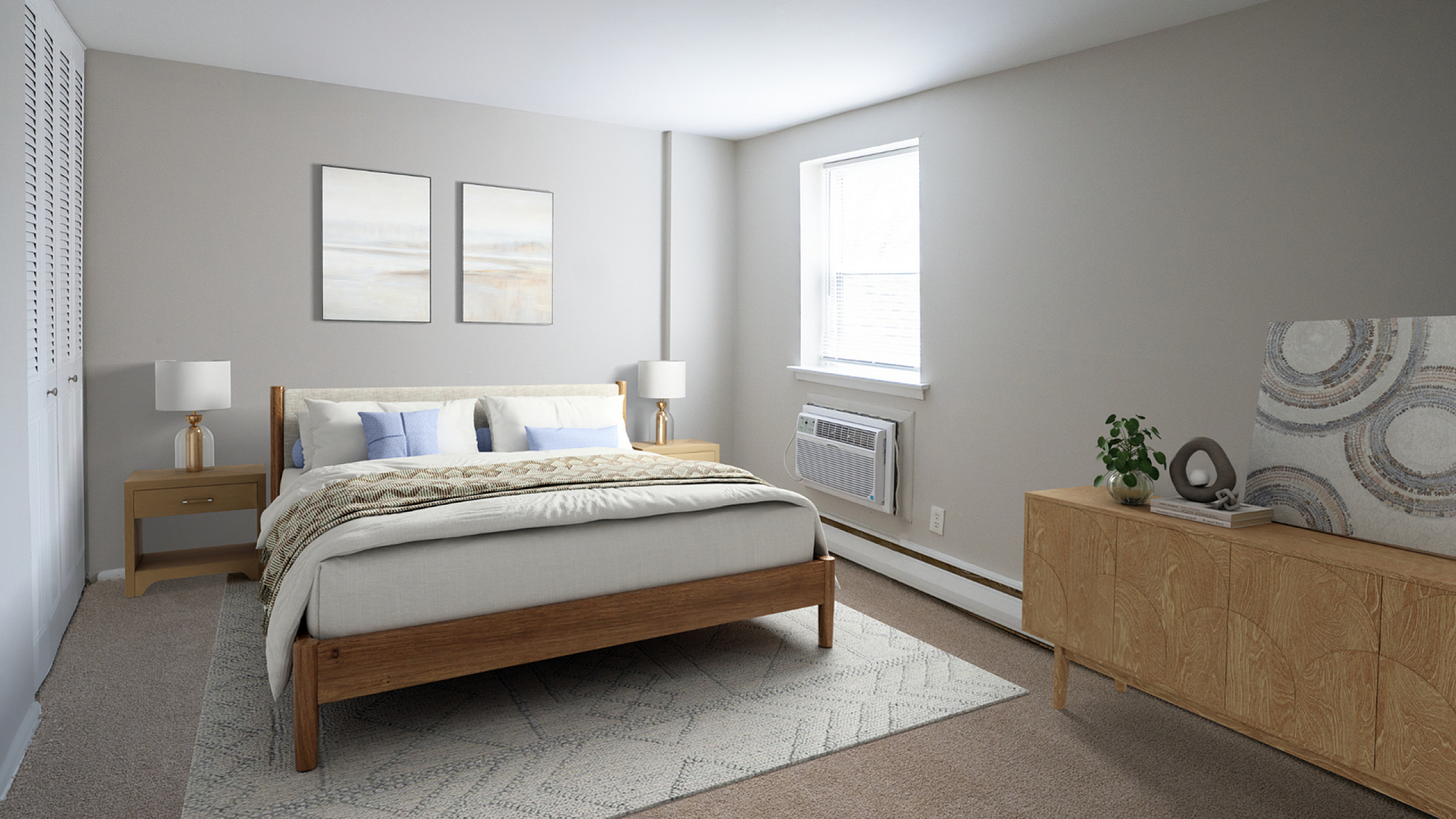 Inviting bedroom with warm neutral tones, stylish wooden furniture, soft carpet, and natural light creating a serene atmosphere.