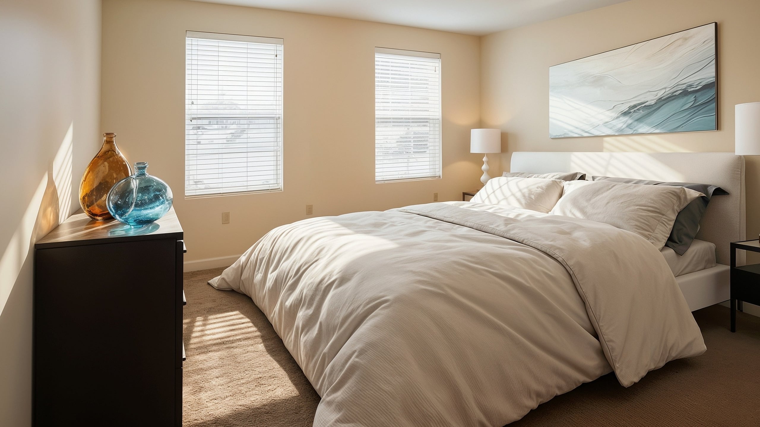Inviting bedroom with cozy white bed, modern art, and natural light streaming through large windows.