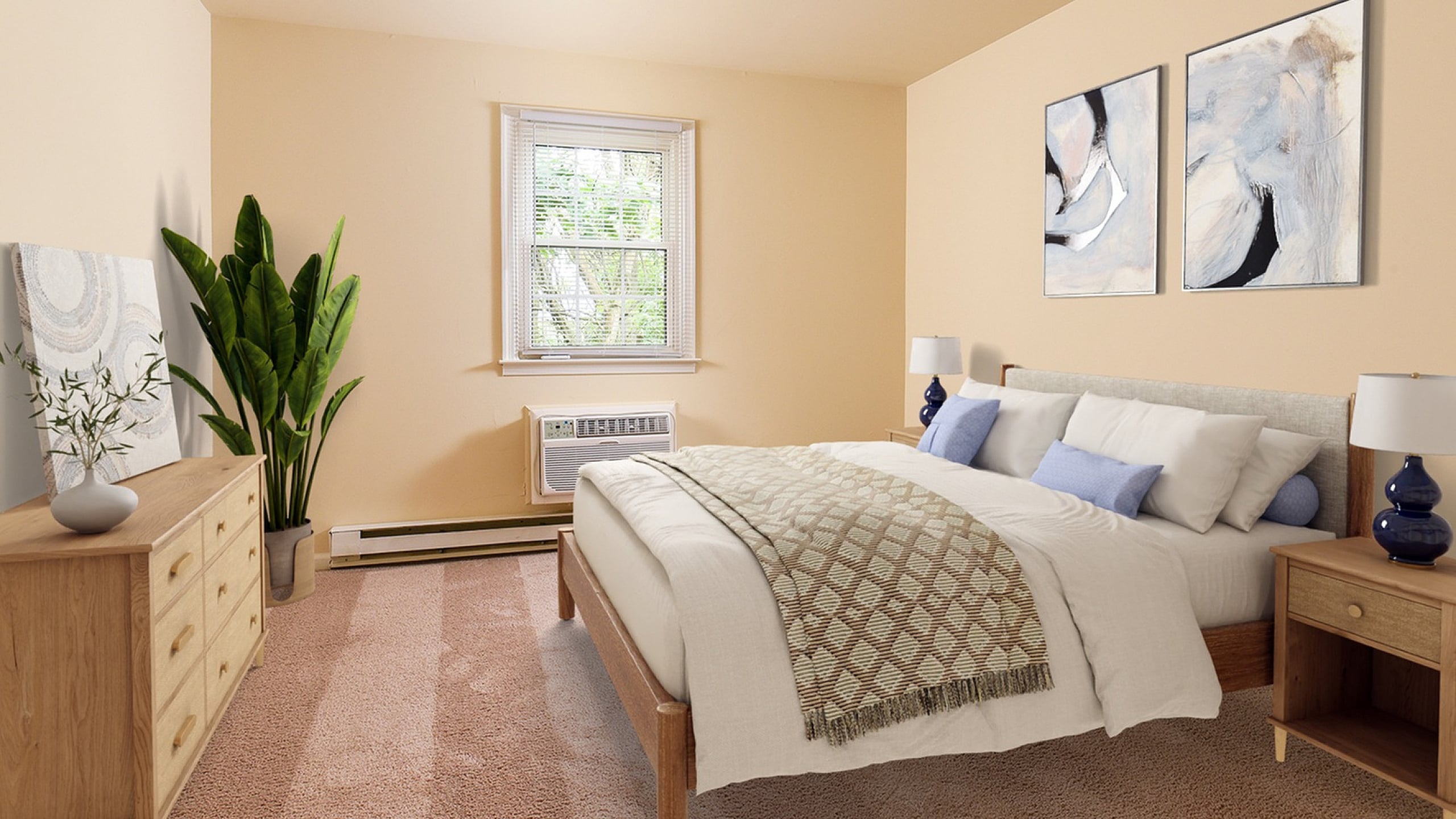 Inviting bedroom with modern decor, showcasing a comfy bed, elegant artwork, and abundant natural light.