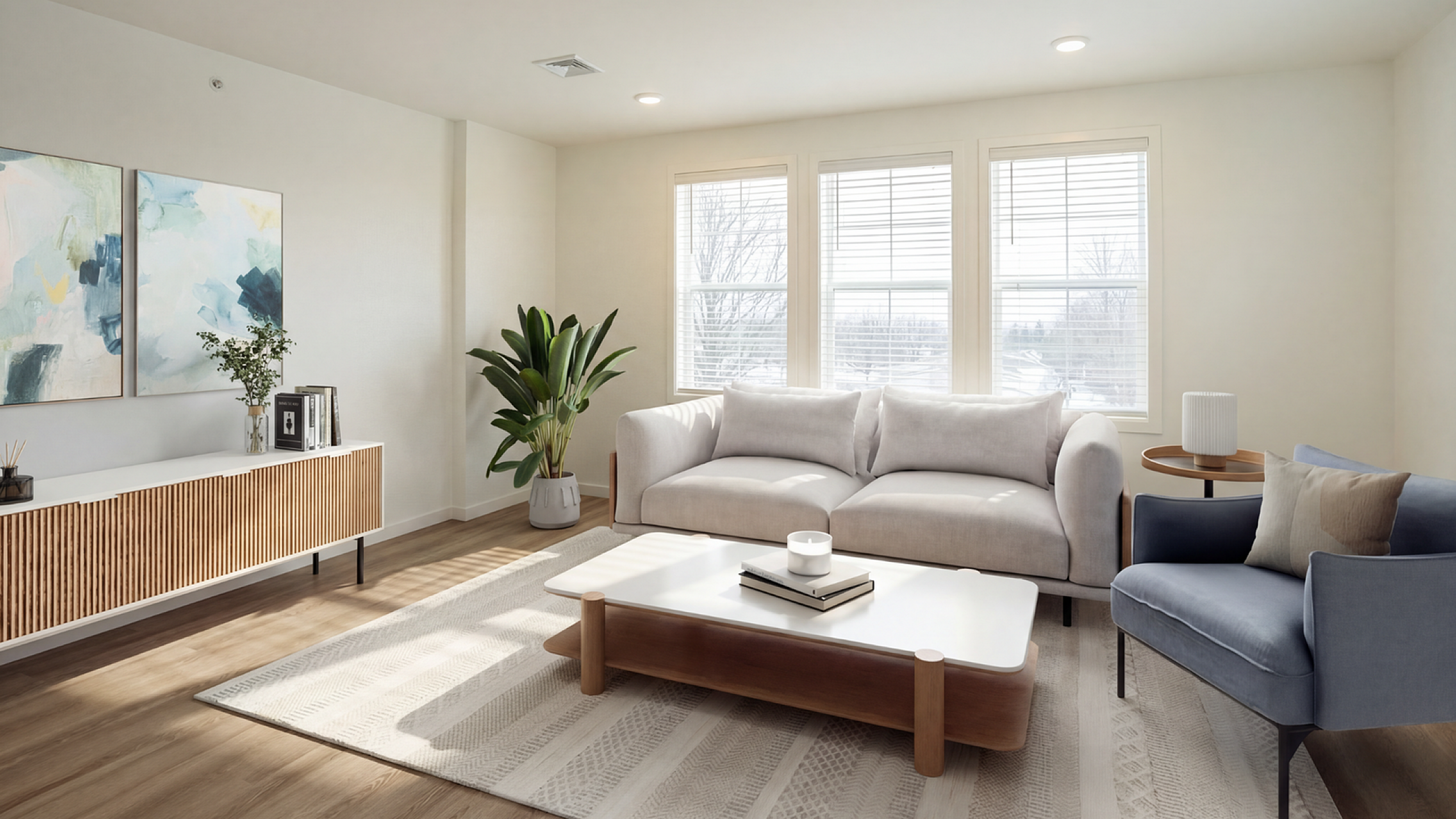 Bright and inviting living room with modern furnishings, featuring a plush white sofa, sleek wooden coffee table, and elegant decor pieces bathed in natural light.
