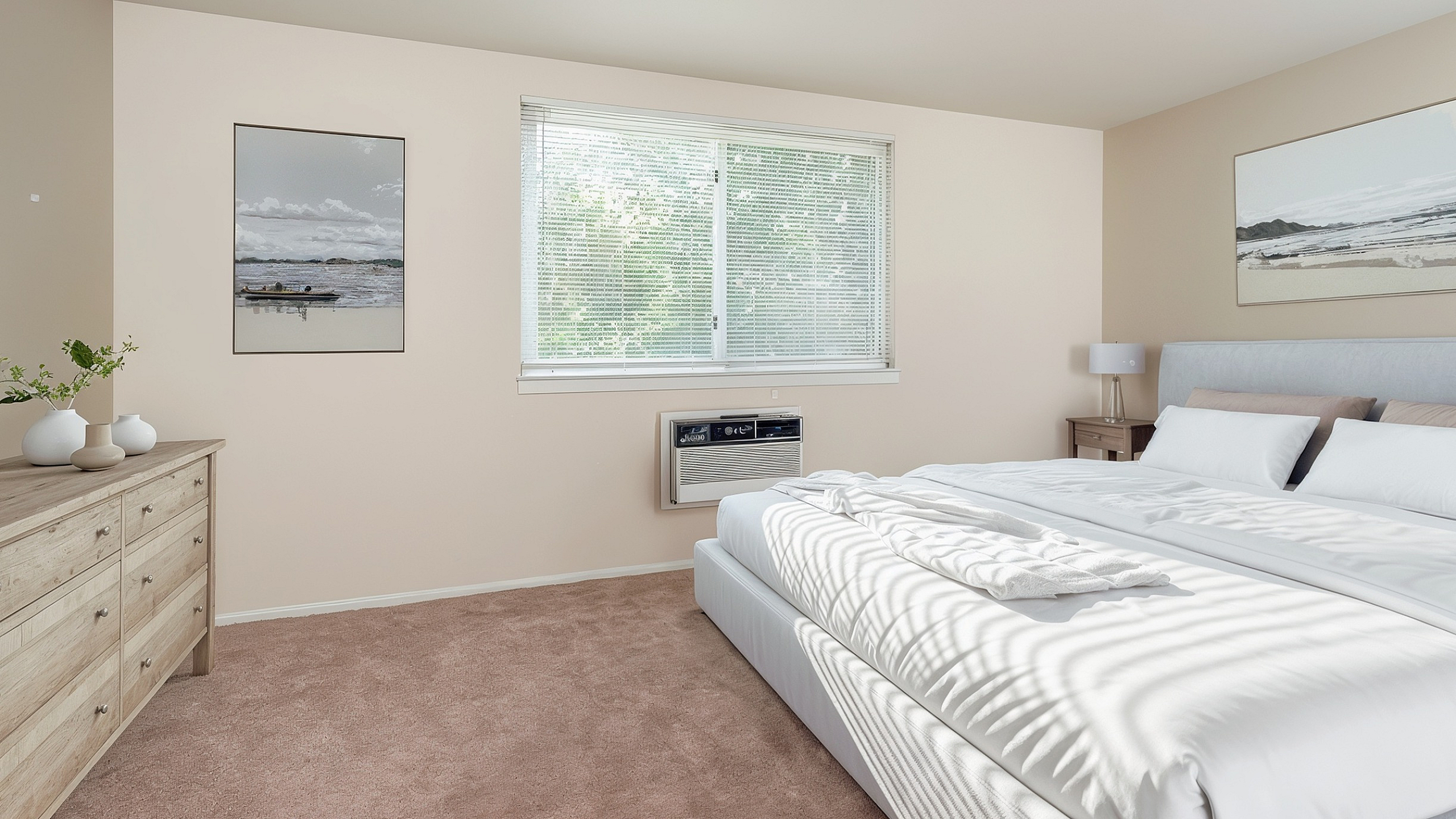Bright and serene bedroom featuring plush carpeting, a cozy bed with crisp linens, and natural light streaming through the window, offering a peaceful retreat.