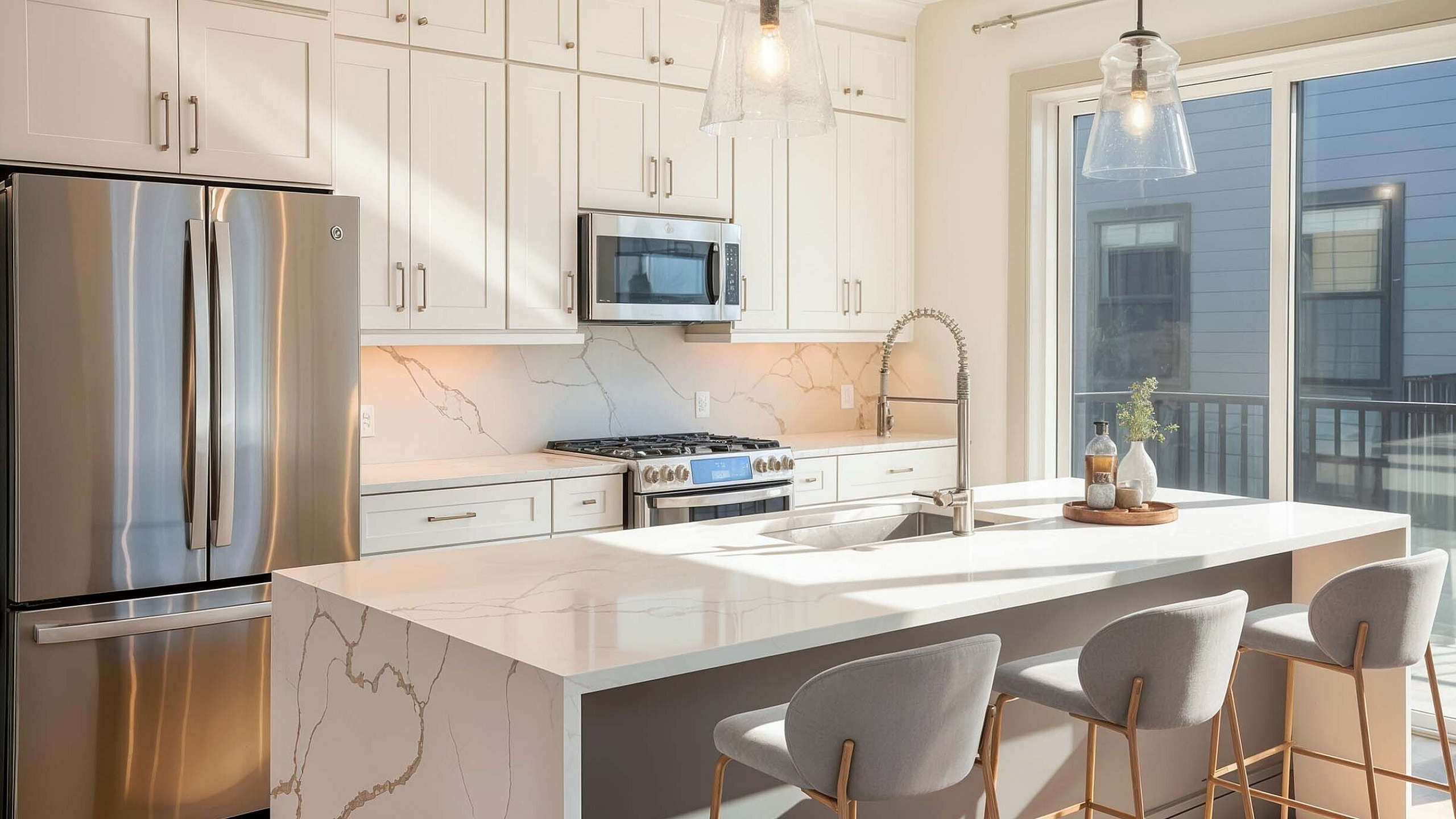 Elegant modern kitchen with marble countertops, stainless steel appliances, and sleek cabinetry, bathed in natural sunlight for a warm ambiance.