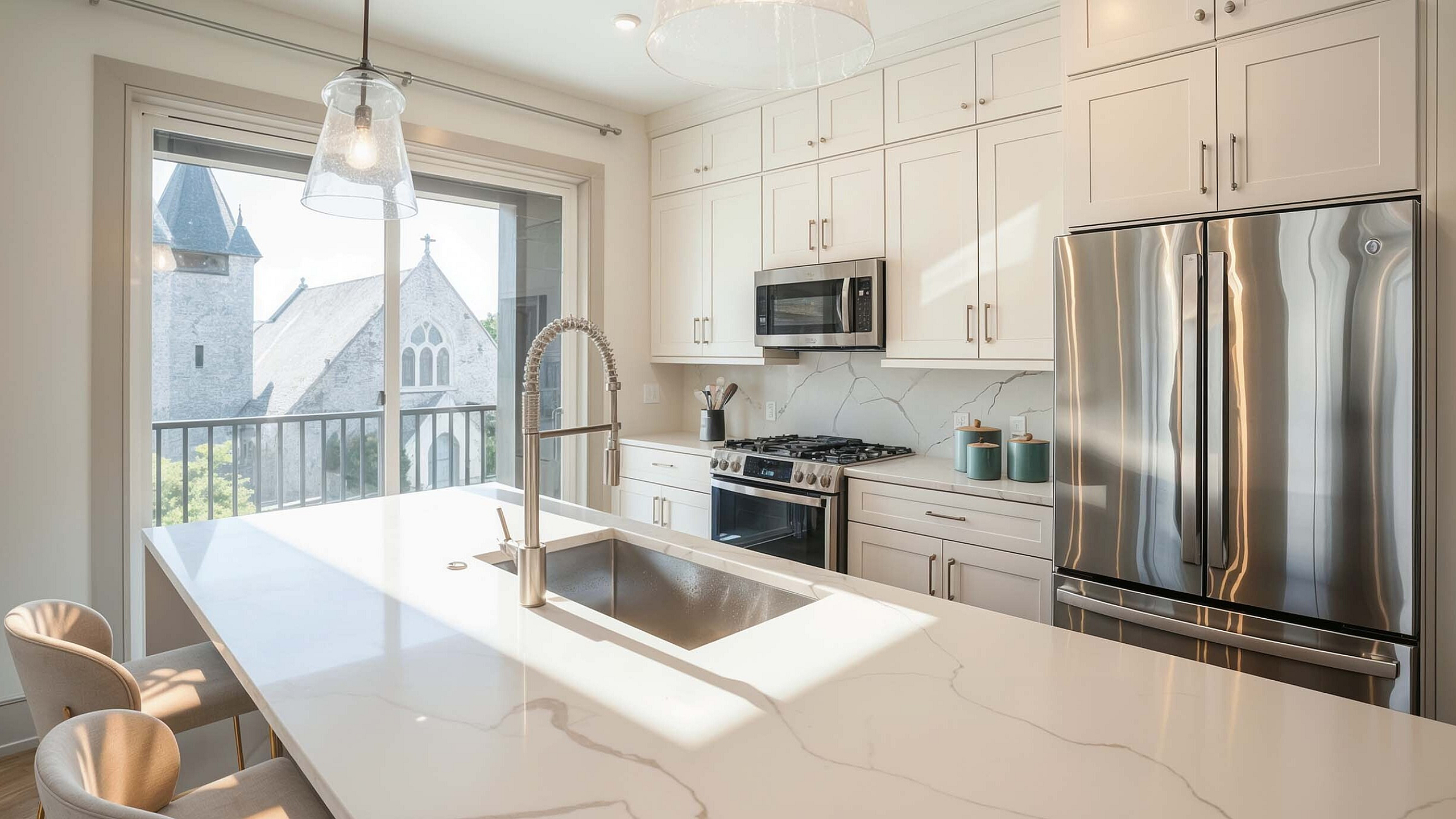 Bright and modern kitchen with sleek marble countertops, stainless steel appliances, and a charming view of historic architecture through large windows.