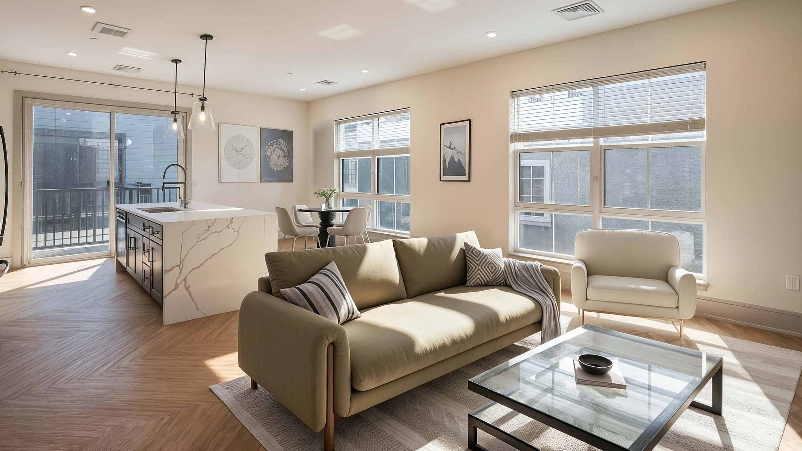 Bright and modern open-concept living space with sleek kitchen island, elegant sofa, and abundant natural light from large windows.