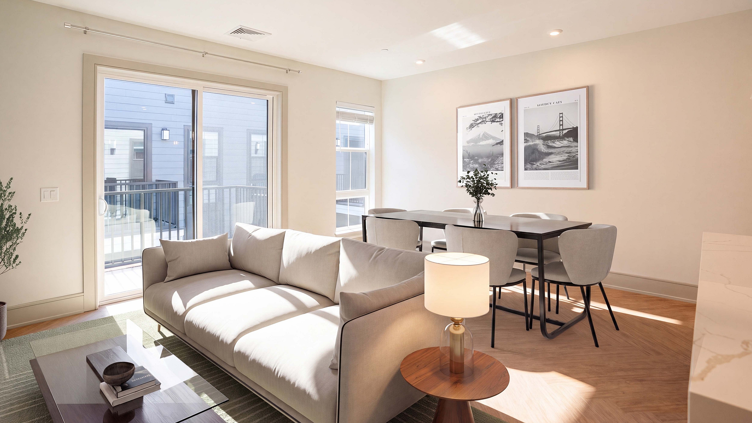 Bright, modern living room with cozy beige sofa, chic coffee table, and elegant dining area, basking in natural light from large windows.