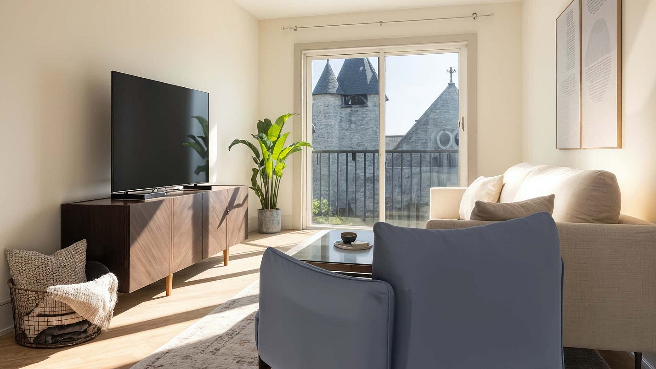 Bright and inviting living room with elegant decor, modern TV setup, and a view of charming architecture through large sliding doors.