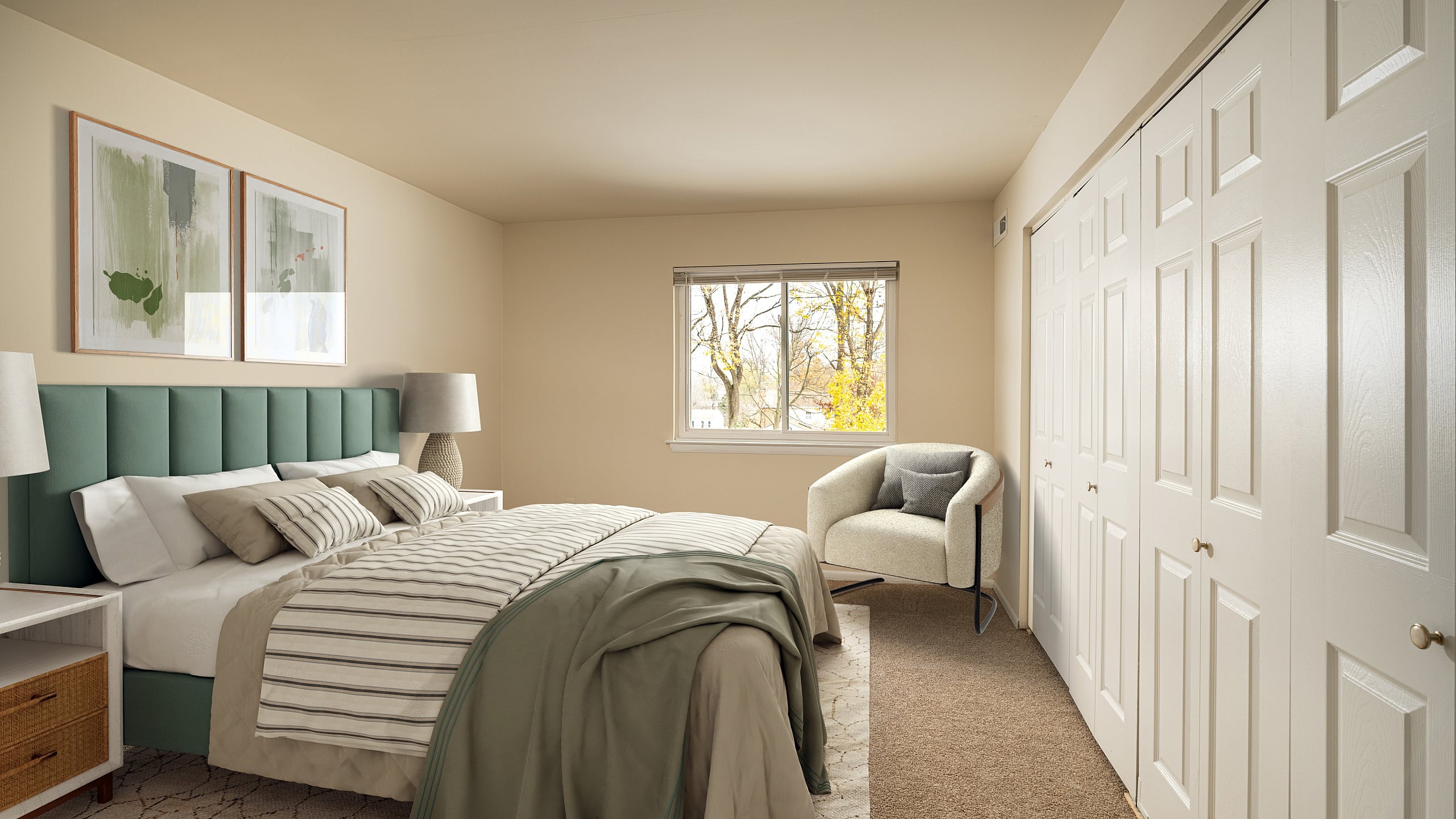 Bright and airy bedroom featuring a plush bed with soft linens, modern decor, ample closet space, and an inviting window view.