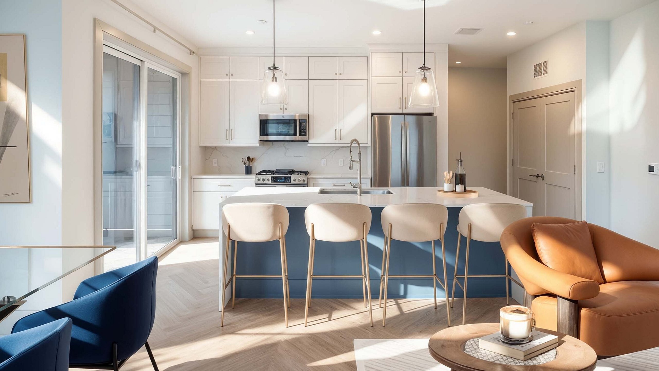 Chic modern kitchen with elegant bar seating, stainless steel appliances, and stylish white cabinetry, bathed in natural light.