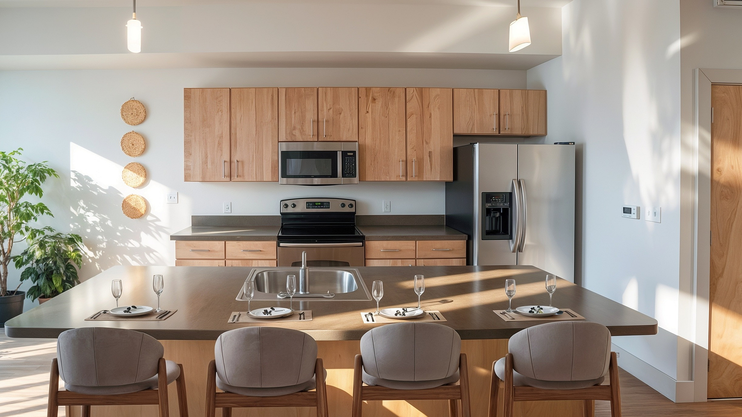 Modern kitchen with sleek stainless steel appliances, elegant wooden cabinetry, and a spacious island with stylish seating for five.