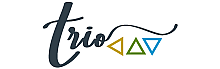 Elegant Trio logo featuring a stylized script with geometric triangle accents in gold, green, and blue.