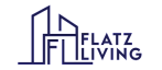 Modern Flatz Living logo with a sleek design, featuring stylized skyscraper lines and bold typography.