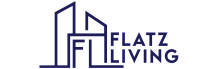 Modern Flatz Living logo featuring a sleek outline of buildings in elegant navy blue.