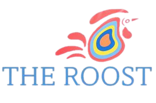 Vibrant logo design featuring a colorful rooster with text 'The Roost' in stylish blue font.
