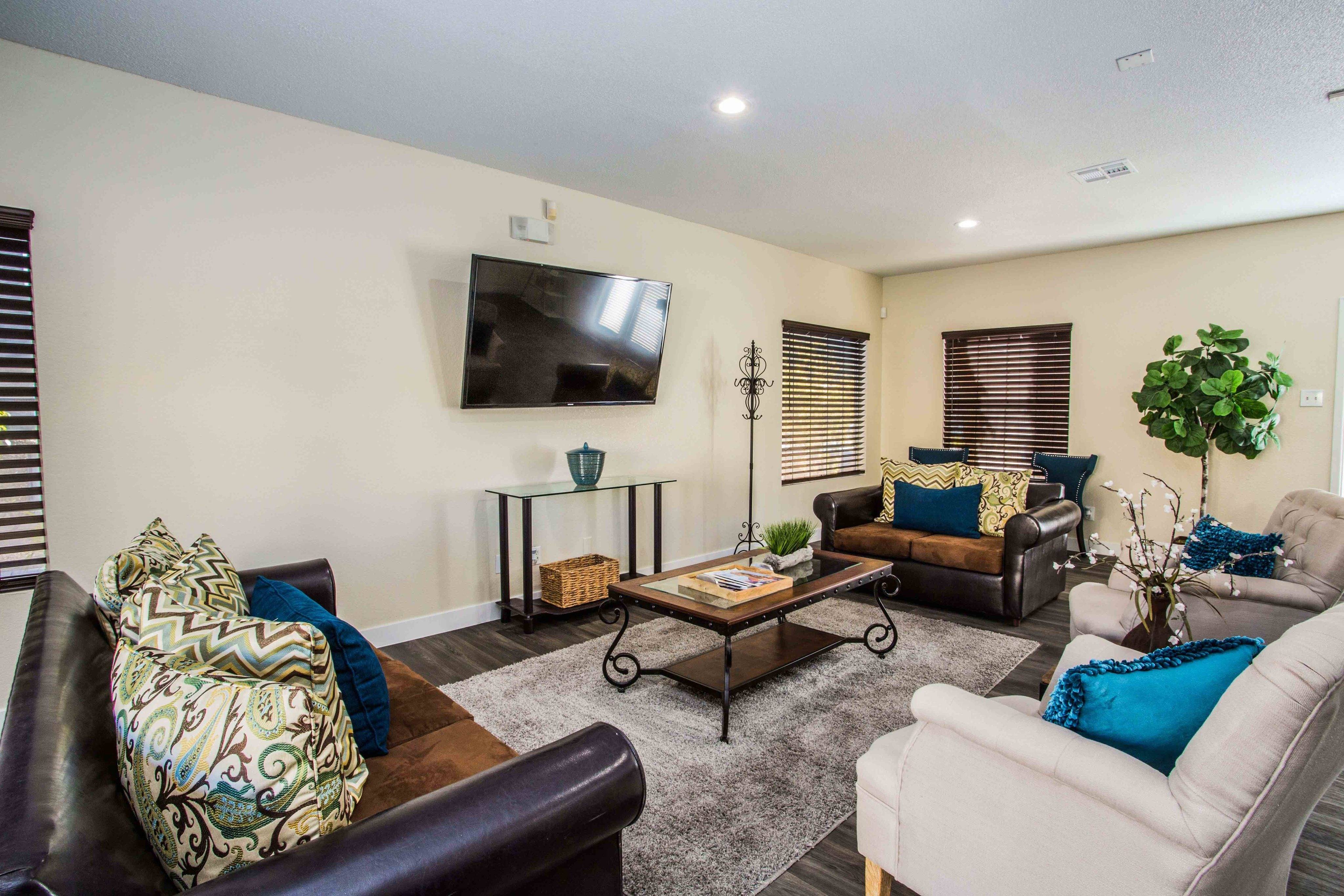 clubhouse lounge area with couches and arm chairs and tv at the cove apartments
