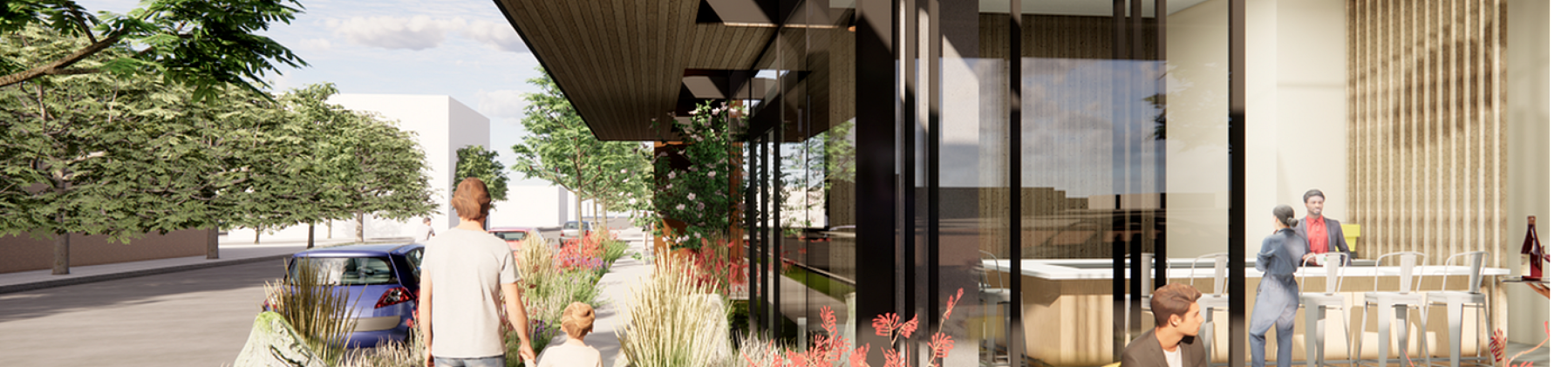 Close-up exterior rendering of Walden with people and lobby