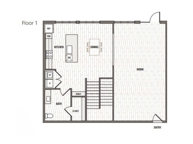LW1 first floor plan at Caroline at Brooks with kitchen, dining area, living room and dedicated workspace