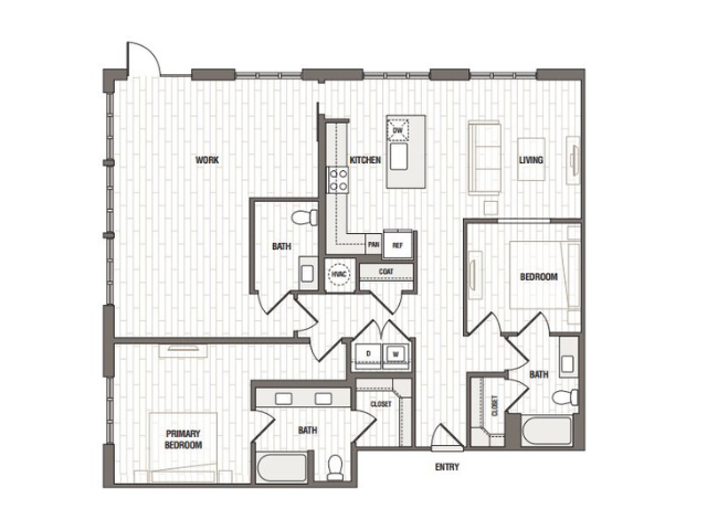 LW2 floor plan at Caroline at Brooks with two bedrooms, open kitchen, living room and workspace