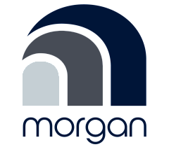 Stylish Morgan logo featuring layered arches in shades of blue and gray.